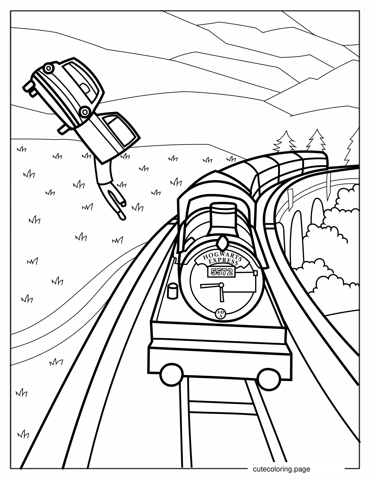 Coloring Page Of Flying Car Beside Hogwarts Express coloring page