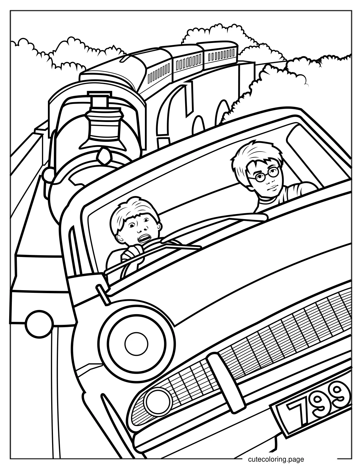 Coloring Page Of Ron And Harry In Flying Car V2 coloring page