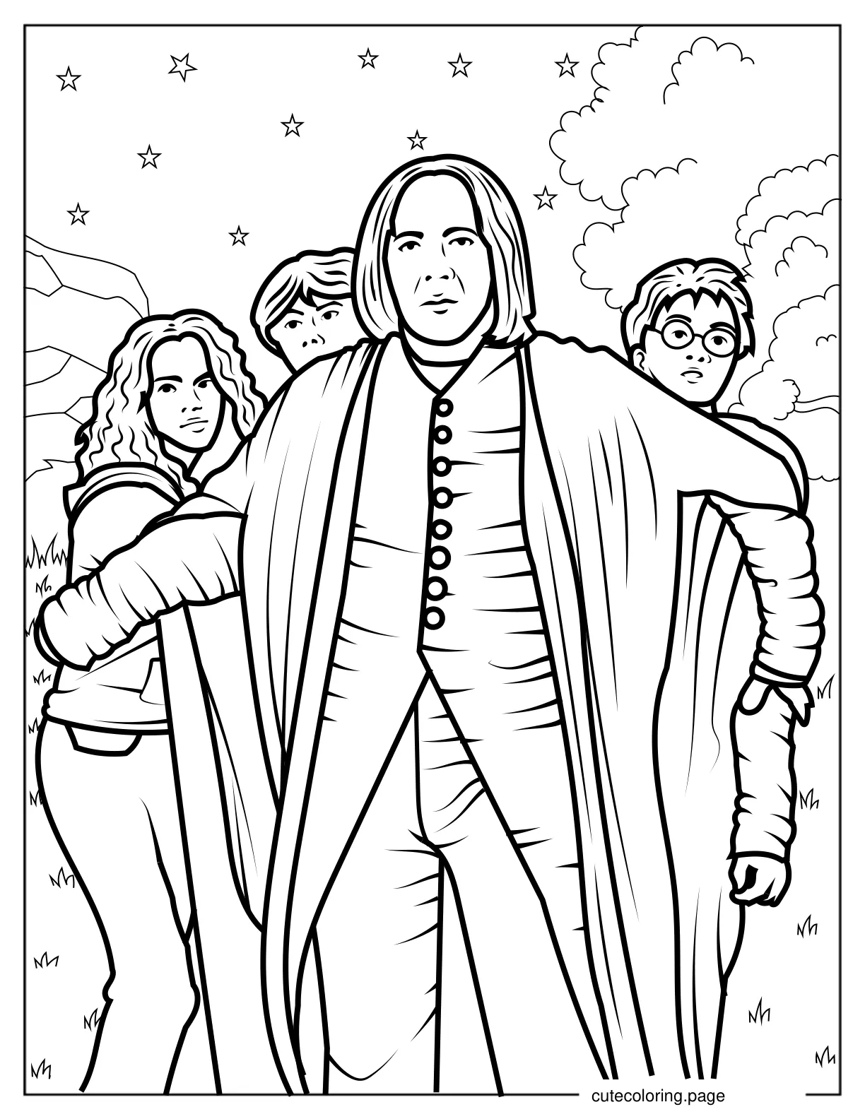 Severus Snape Protecting Harry Ron And Hermione V2 coloring page