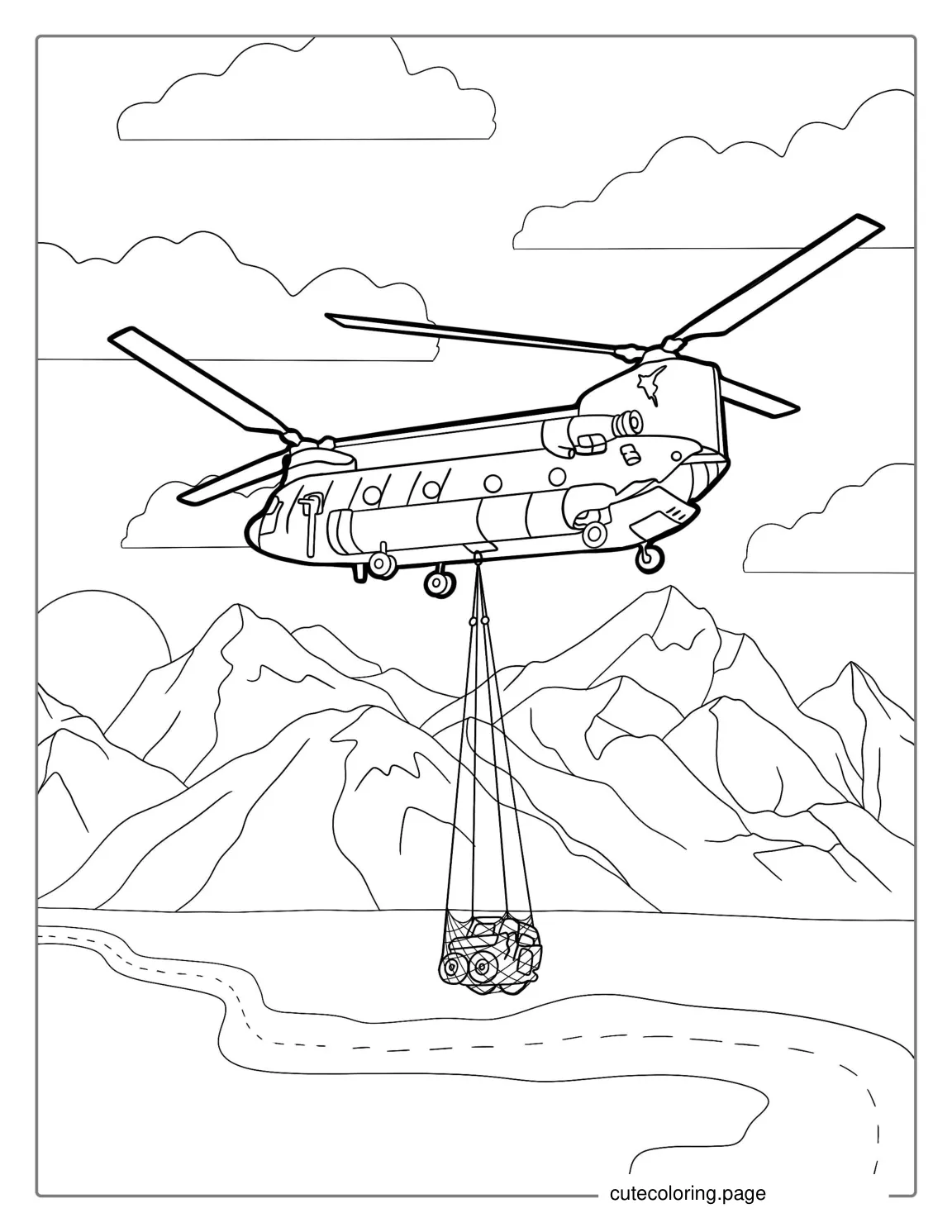 Chinook Helicopter Carrying A Jeep Over Mountain Range coloring page