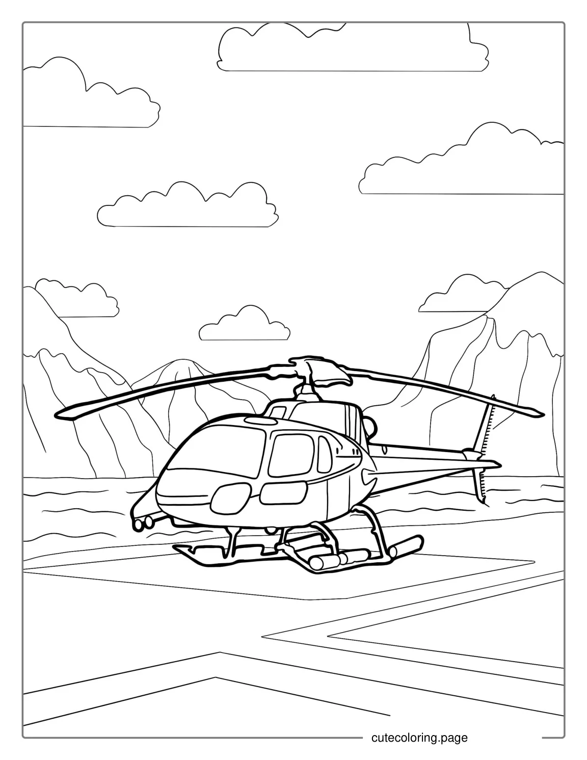 Helicopter Next To Mountains To Color coloring page