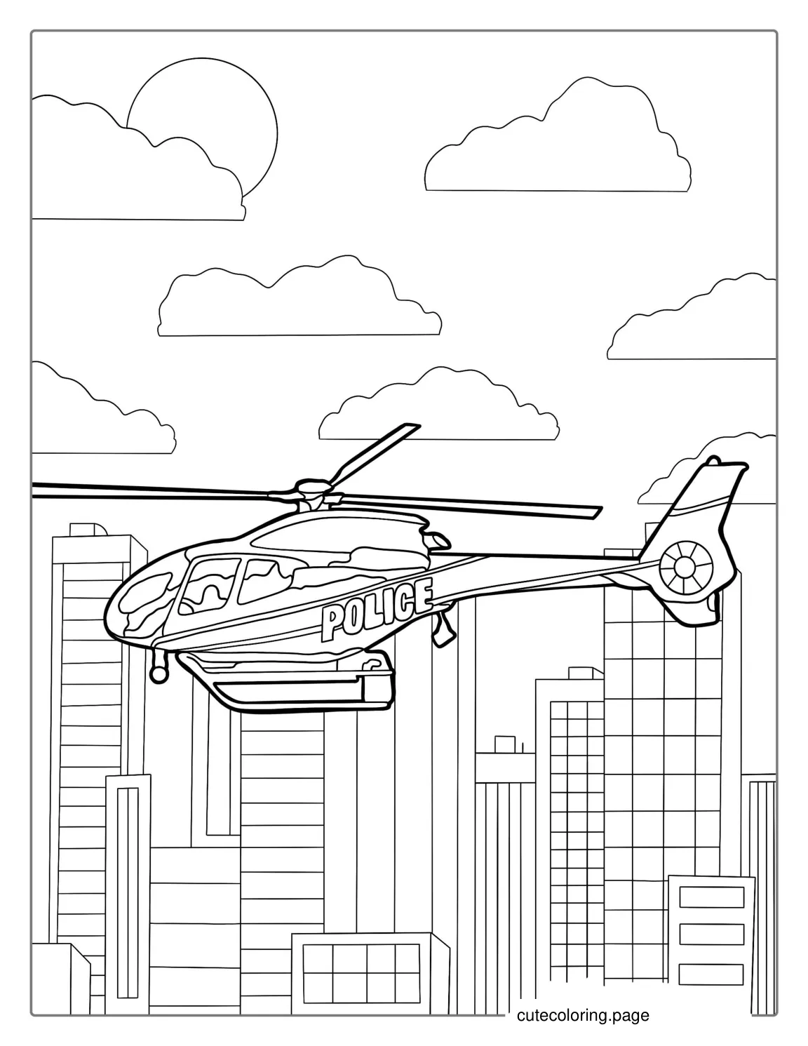 Police Helicopter Flying Over City coloring page