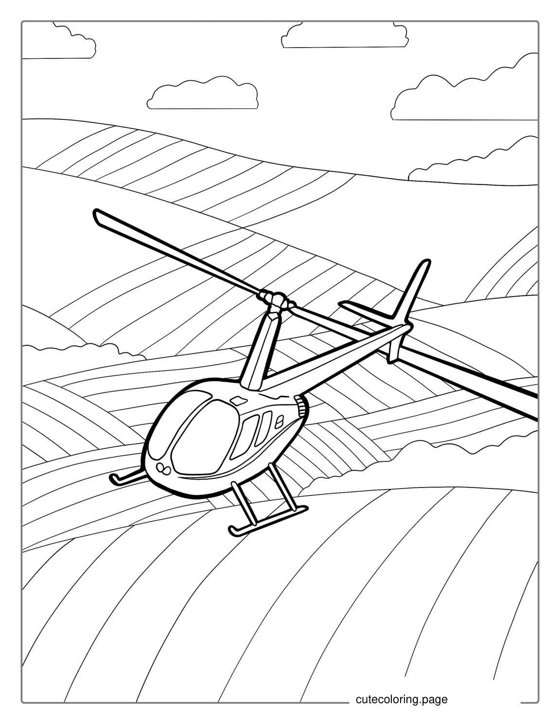 R44 Helicopter Flying Over Field coloring page