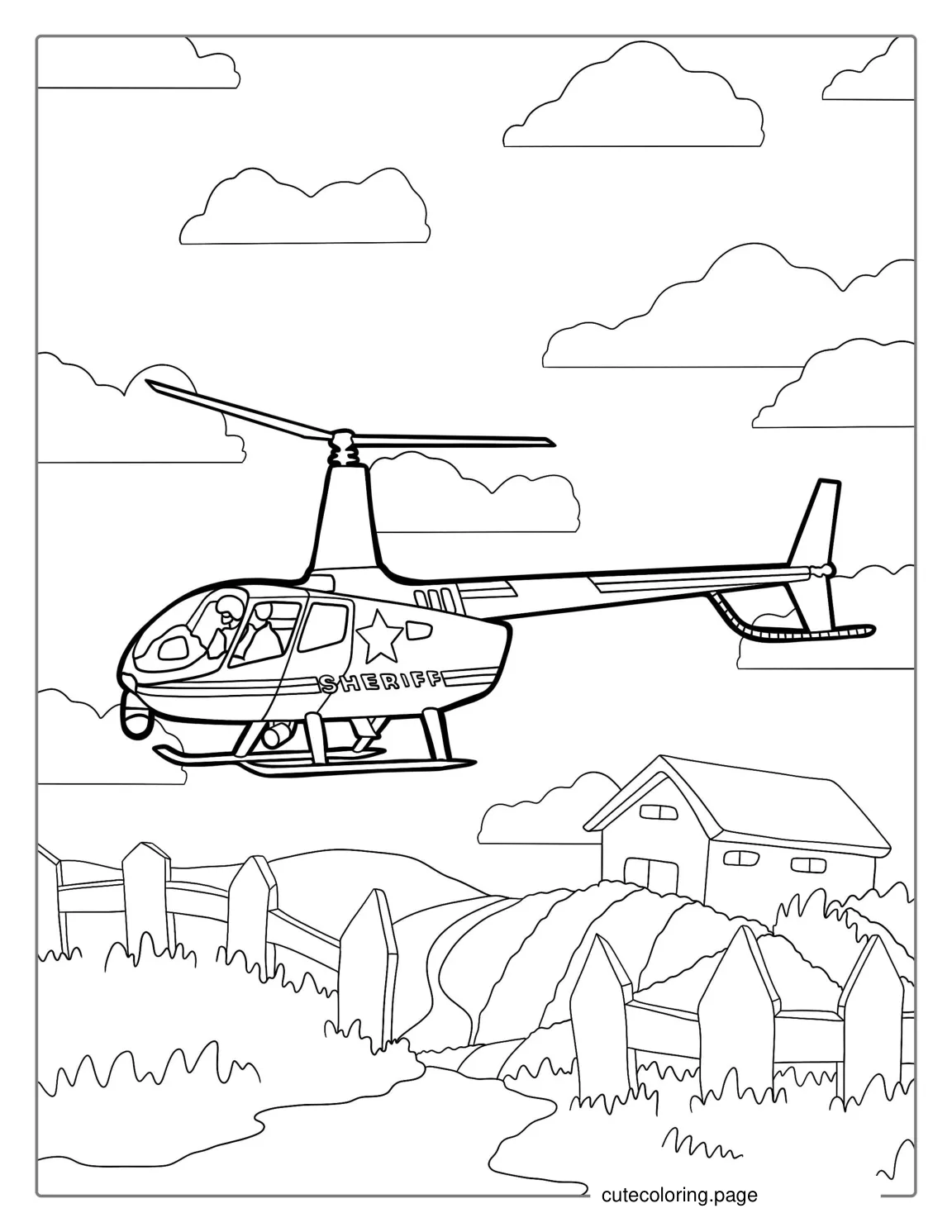 Sheriff Helicopter Flying Over House To Color coloring page