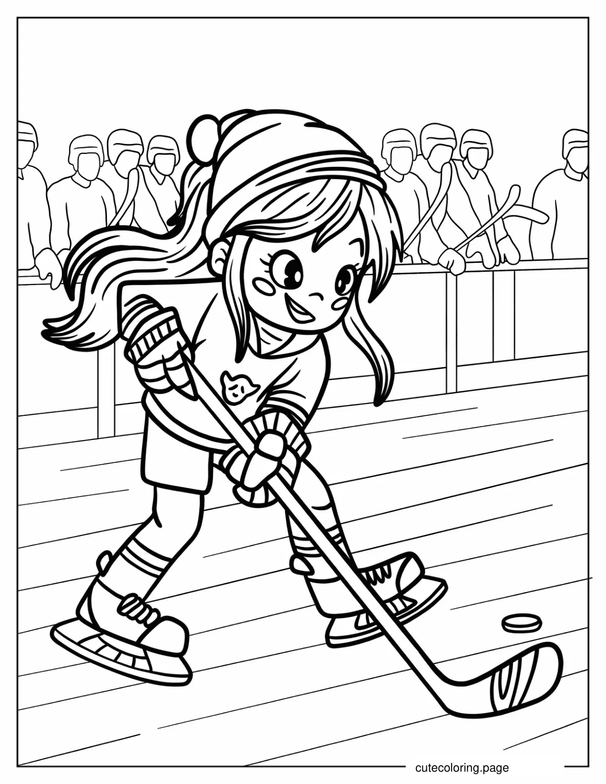 Cute Girl Hockey Player With Audience In The Background coloring page