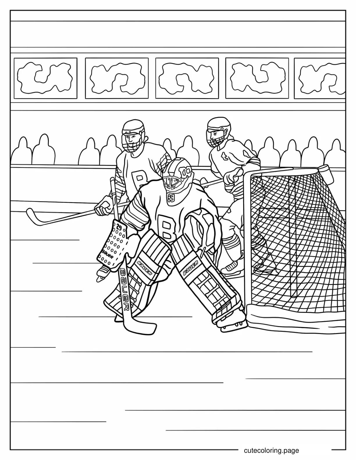 Hockey Goalie With Two Defencemen coloring page