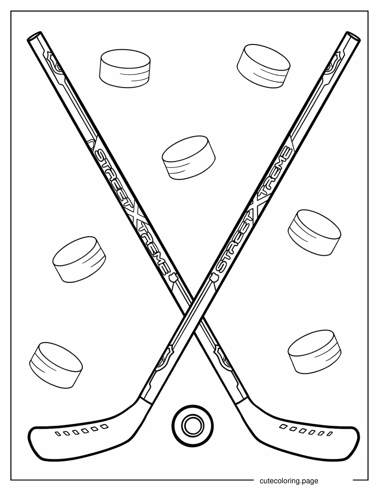 Two Hockey Sticks With Pucks In Background coloring page