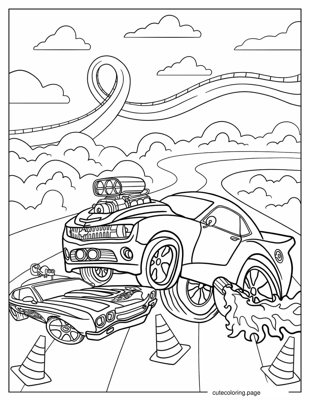 Cartoon Hot Wheels With Flames And Smoke coloring page