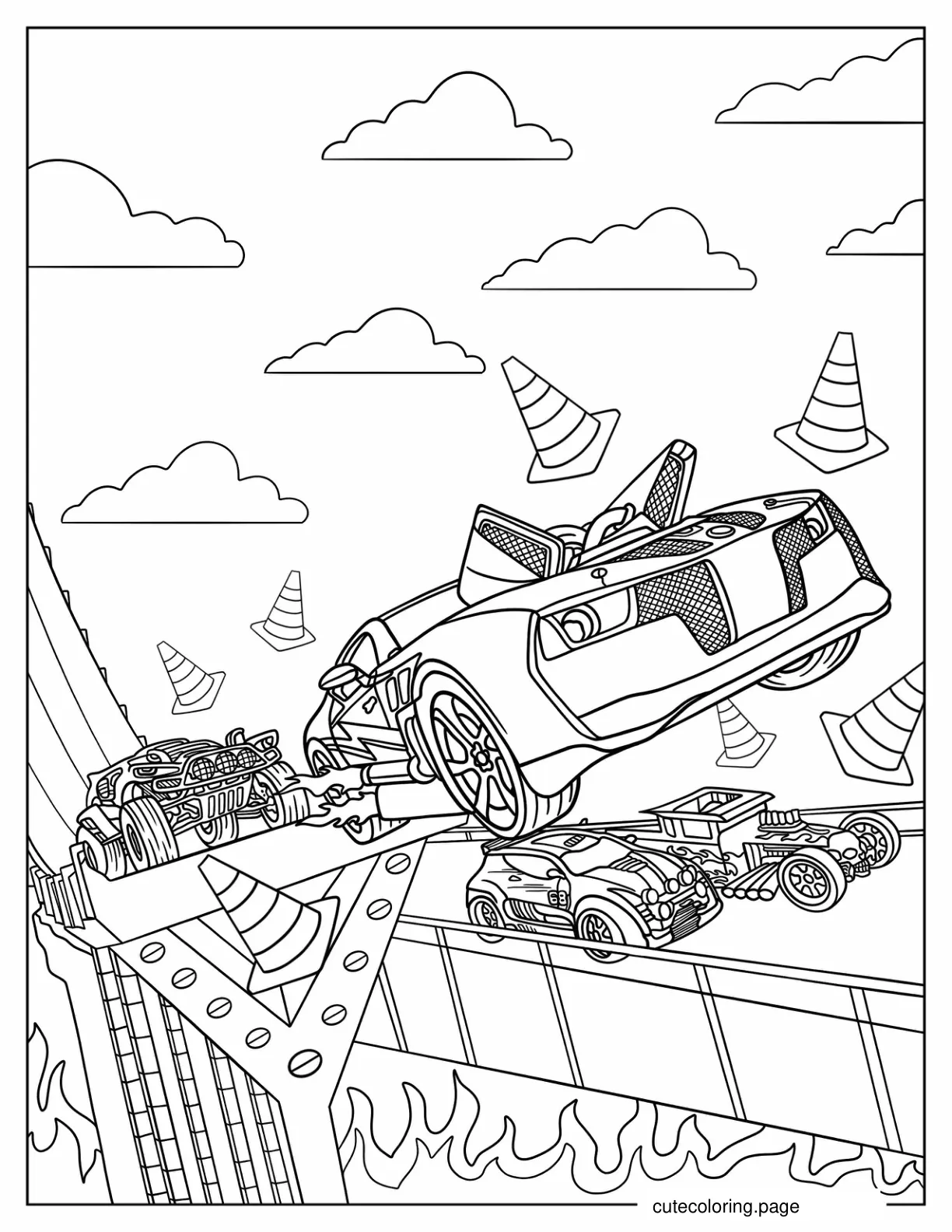 Hot Wheel Cars Racing In Wild Race Track Coloring Sheet coloring page