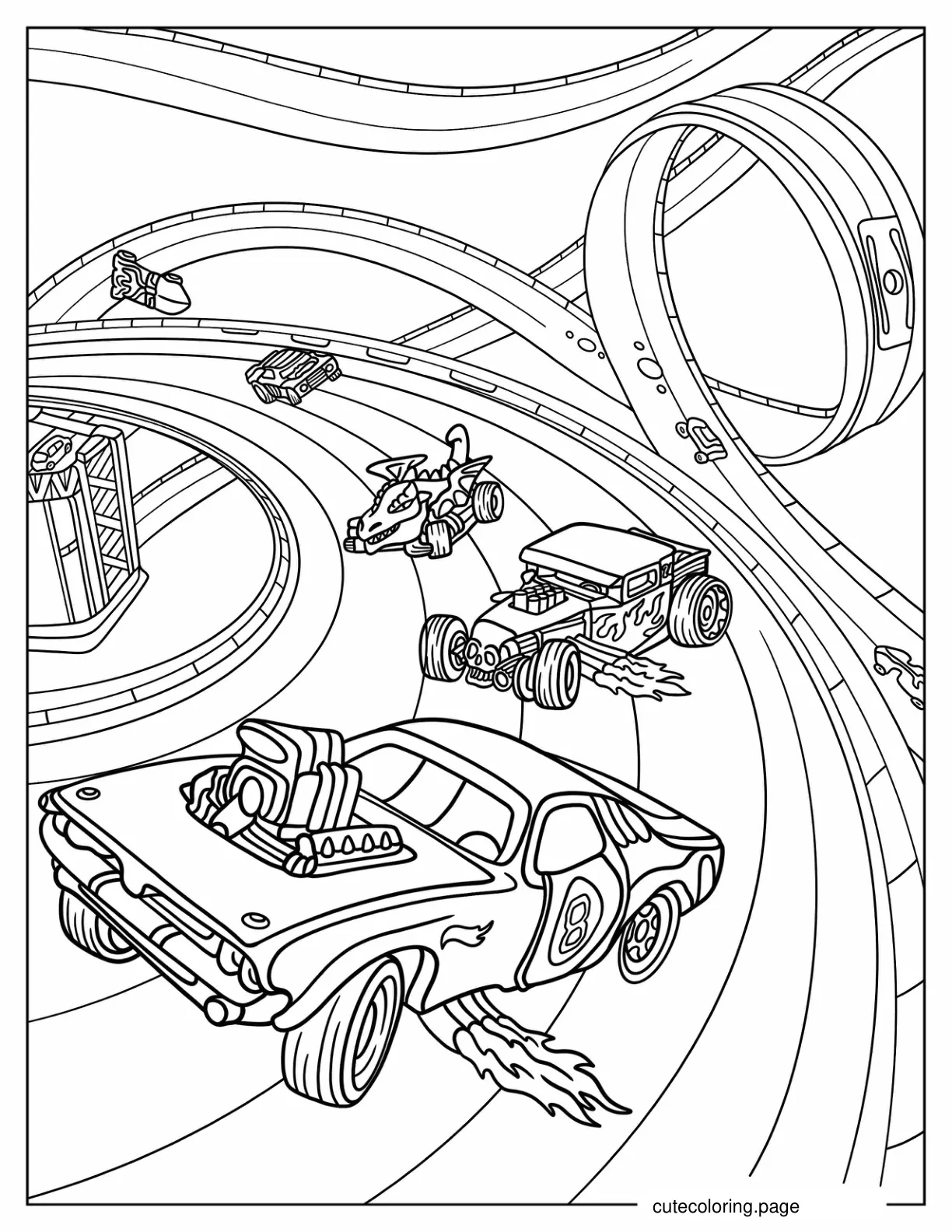 Hot Wheels Cars In Wild Race Tracks Coloring Page coloring page