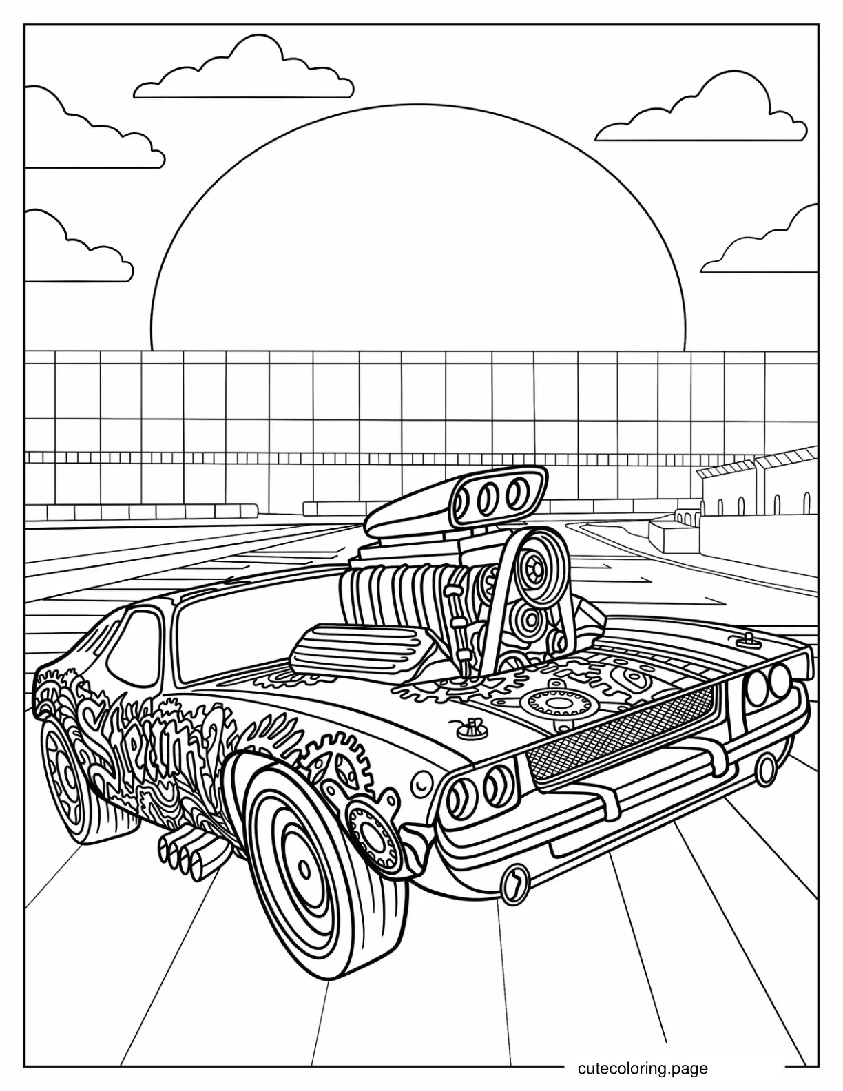 Realistic Hot Wheels Car Parked In Race Track coloring page