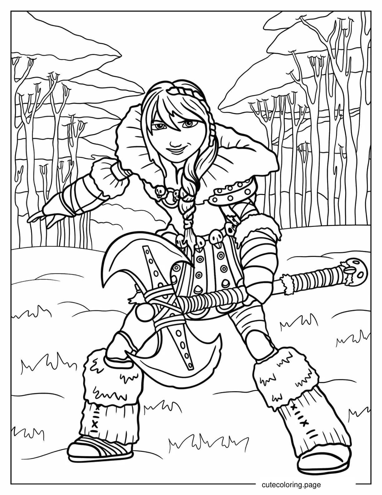 Adult Astrid Holding Axe Coloring Page coloring page