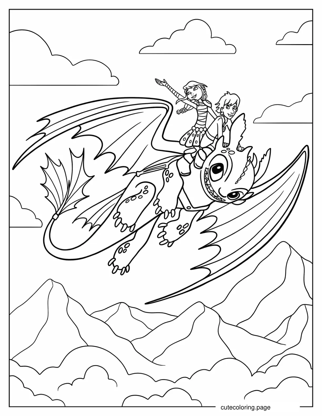 Hiccup And Astrid Riding Toothless coloring page