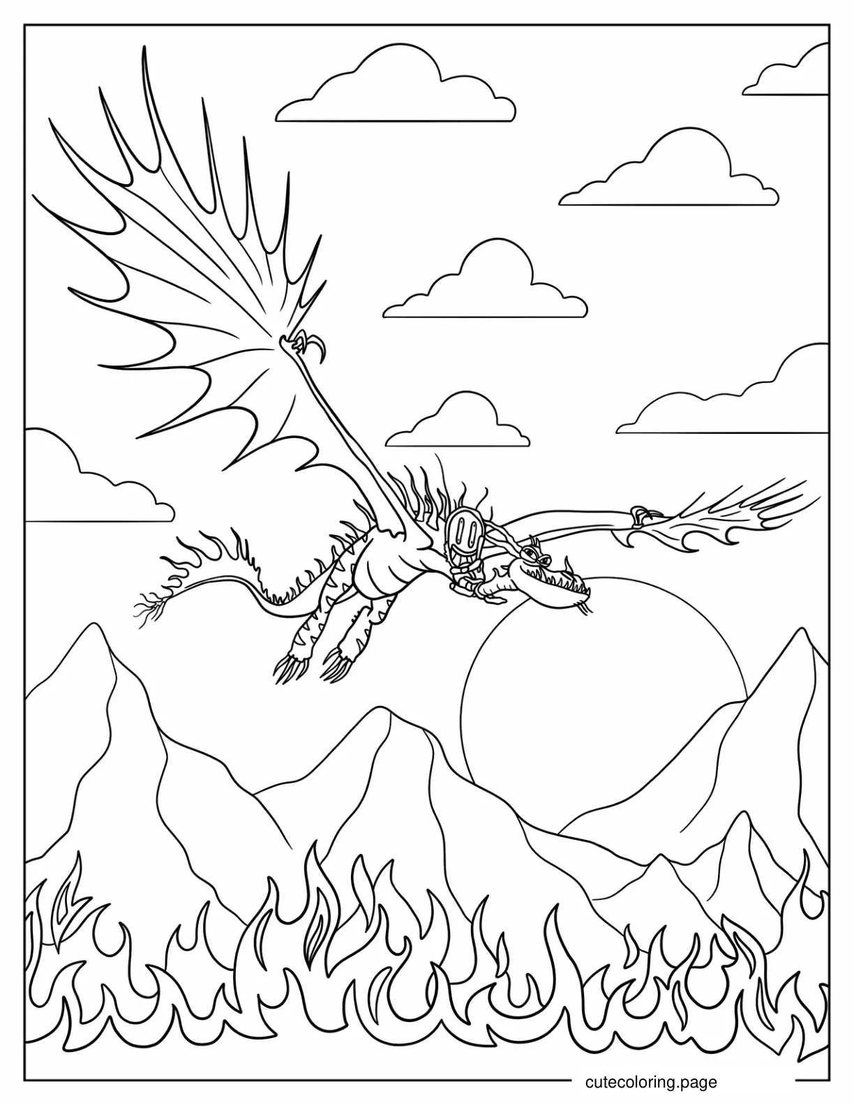 Hookfang Flying Over Flames Coloring Sheet coloring page