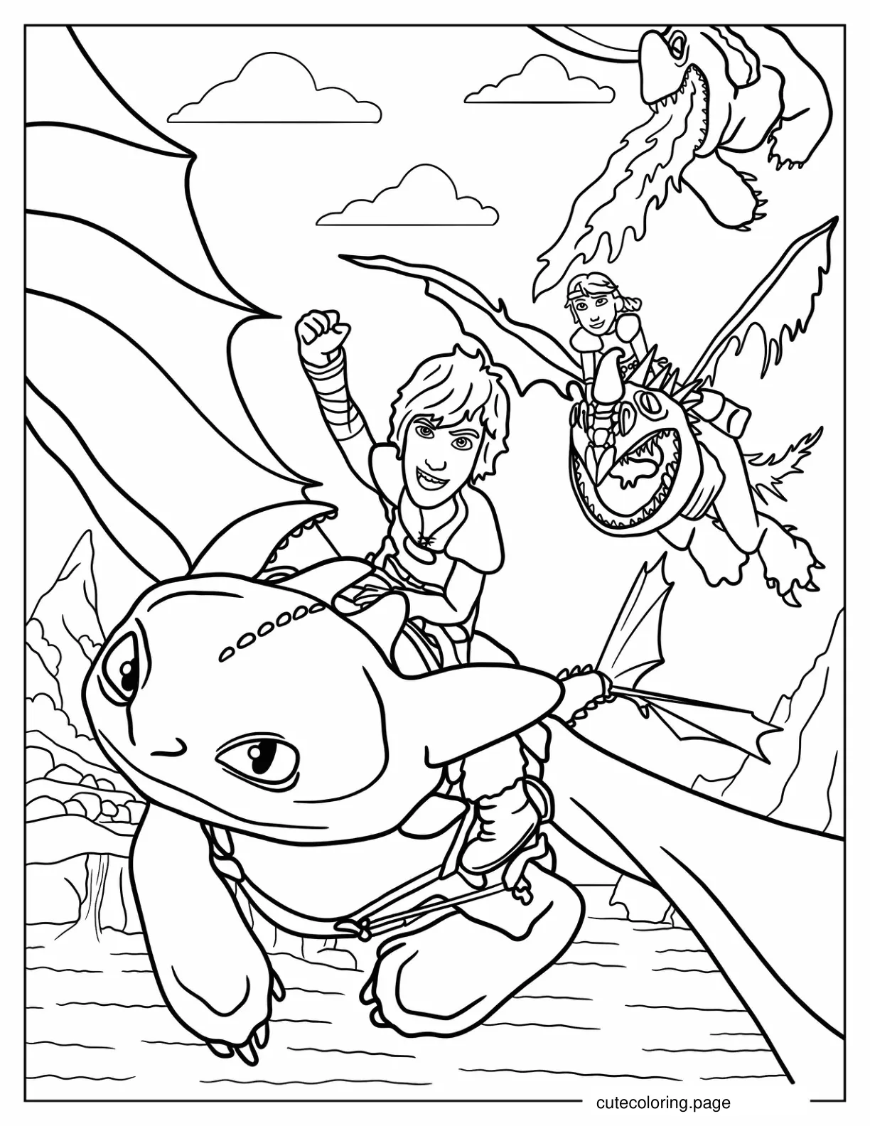 How To Train Your Dragon Hiccup And Astrid With Toothless And Stormfly coloring page