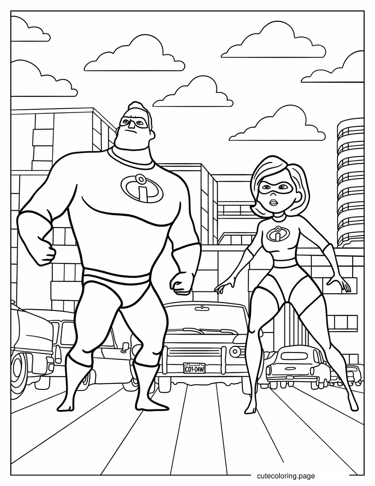 Easy Mr. Incredibles And Elastigirl Fighting In City coloring page