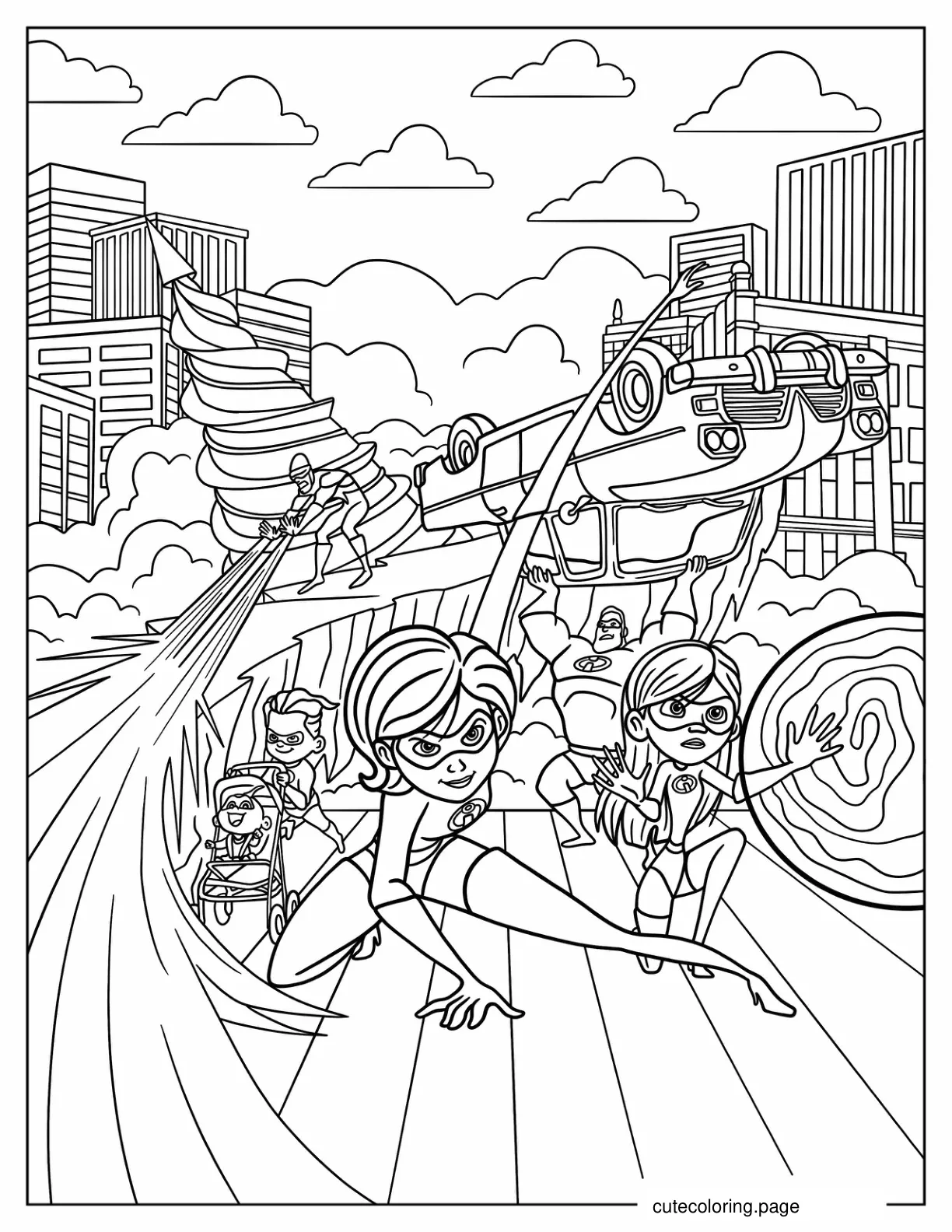 Incredibles Elastigirl Violet Dash Jack Jack Mr. Incredible Frozone Fighting Villain coloring page