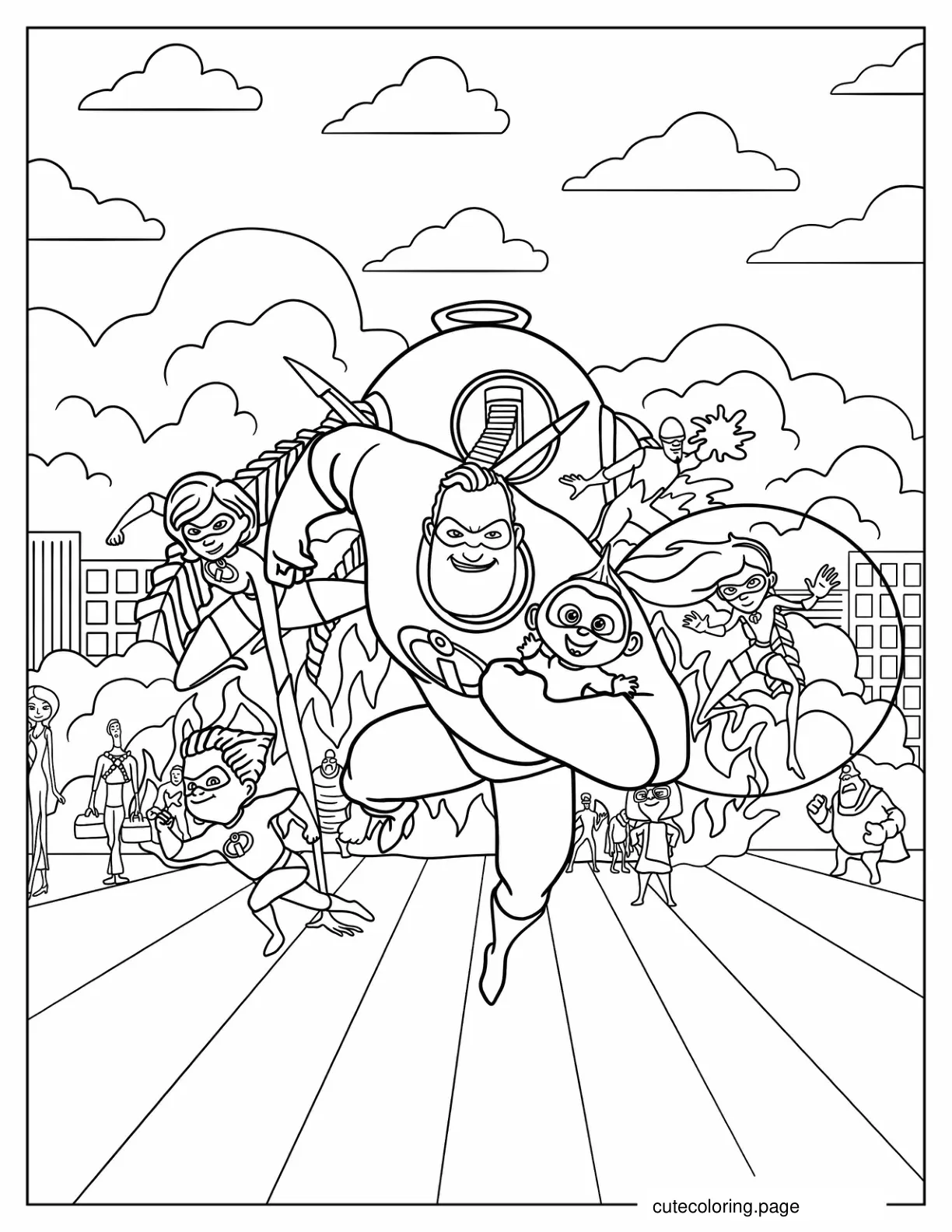 Incredibles Family Fighting Villains With Other Superheroes coloring page