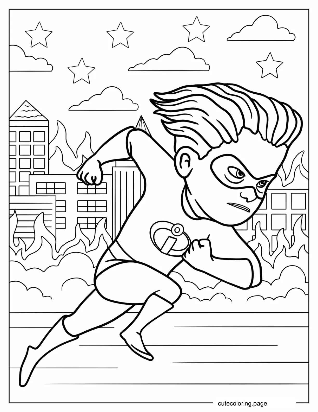 The Dash Running Through Burning City Coloring Page coloring page