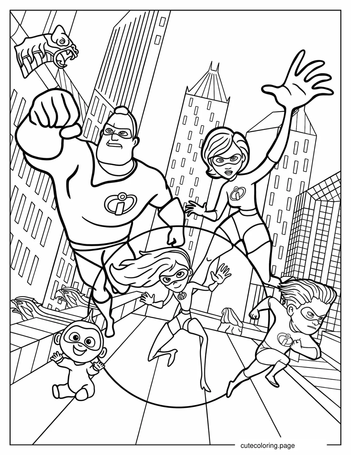 The Incredibles Family Fighting Coloring Sheet coloring page