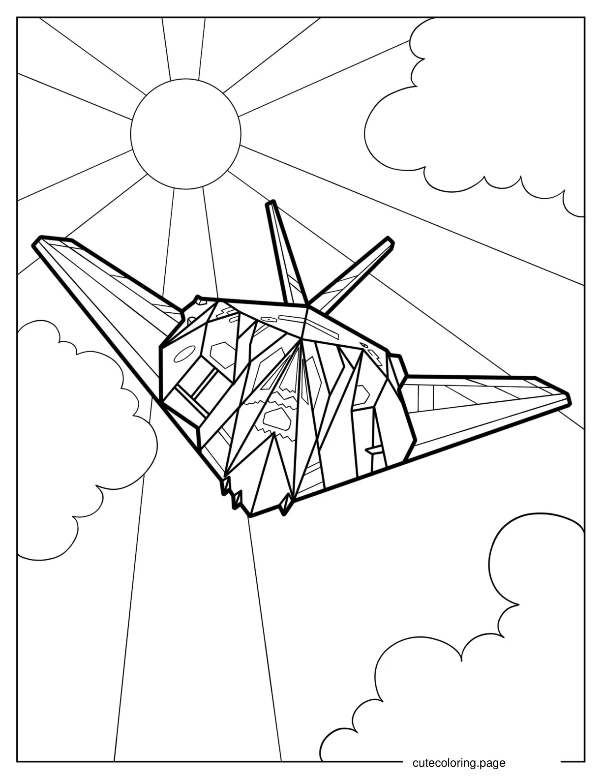 Front View of Stealth Aircraft Jet With Sun in the Background coloring page