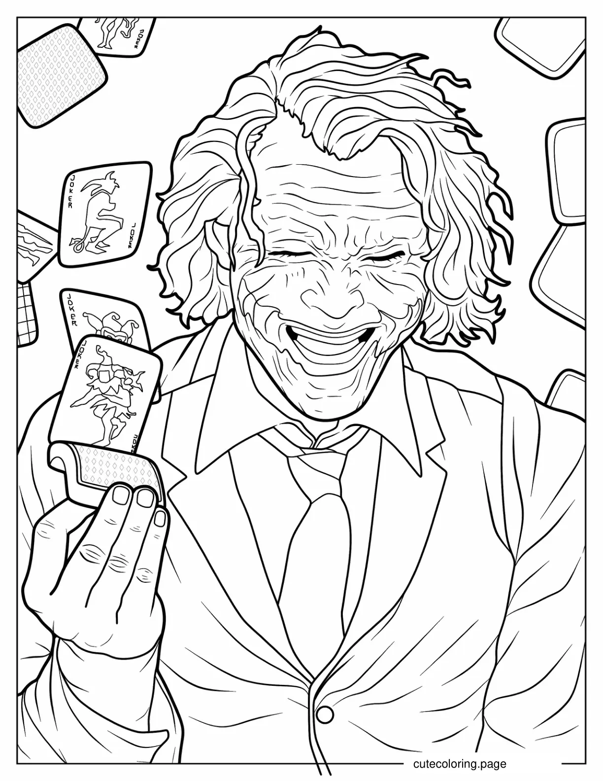 Detailed Coloring Sheet Of Joker Laughing While Holding Cards coloring page