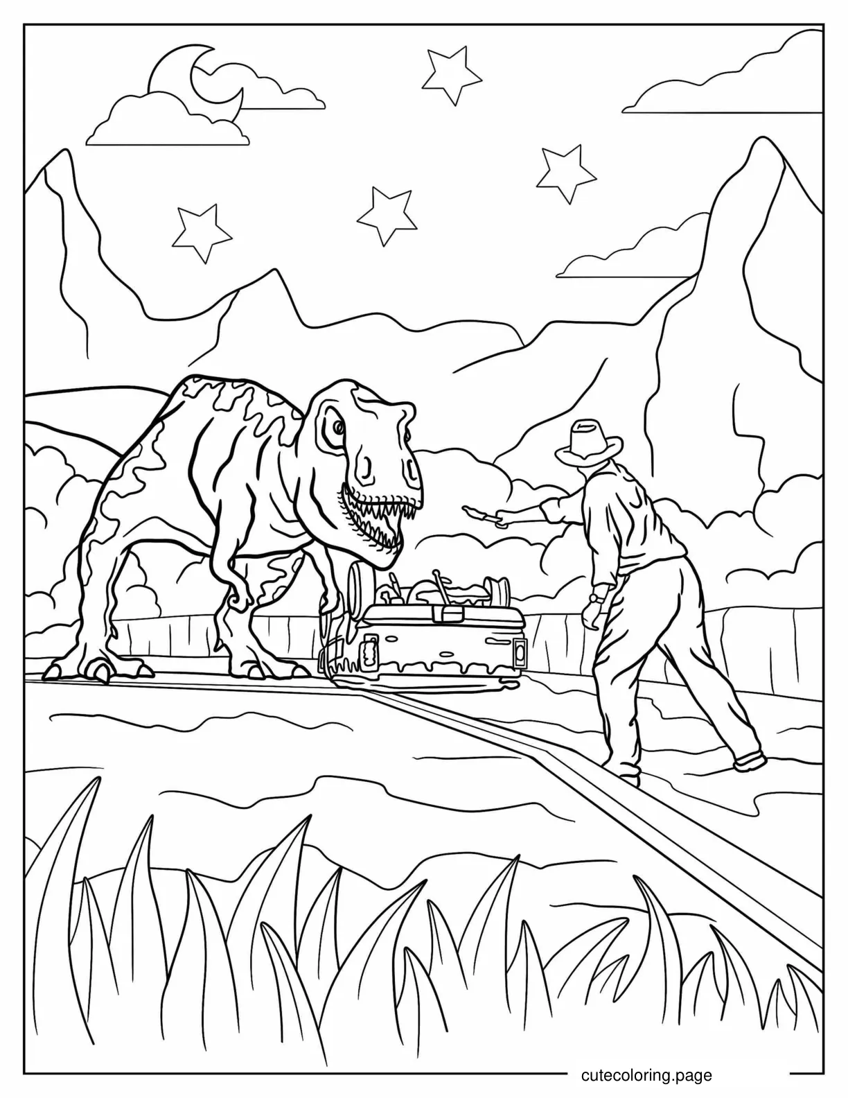 Alan Waving Flare In Front Of T Rex To Color coloring page