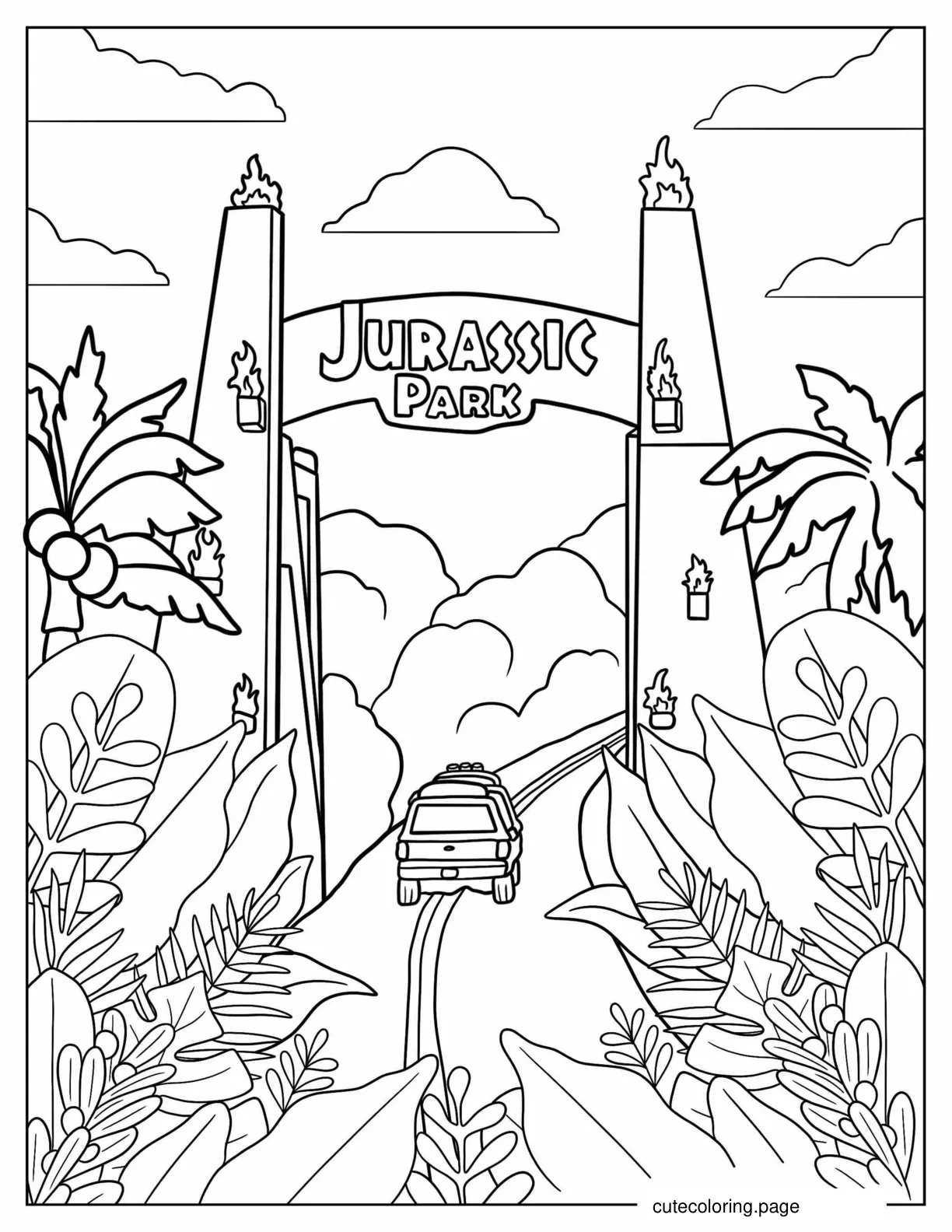 Car Entering Jurassic Park coloring page