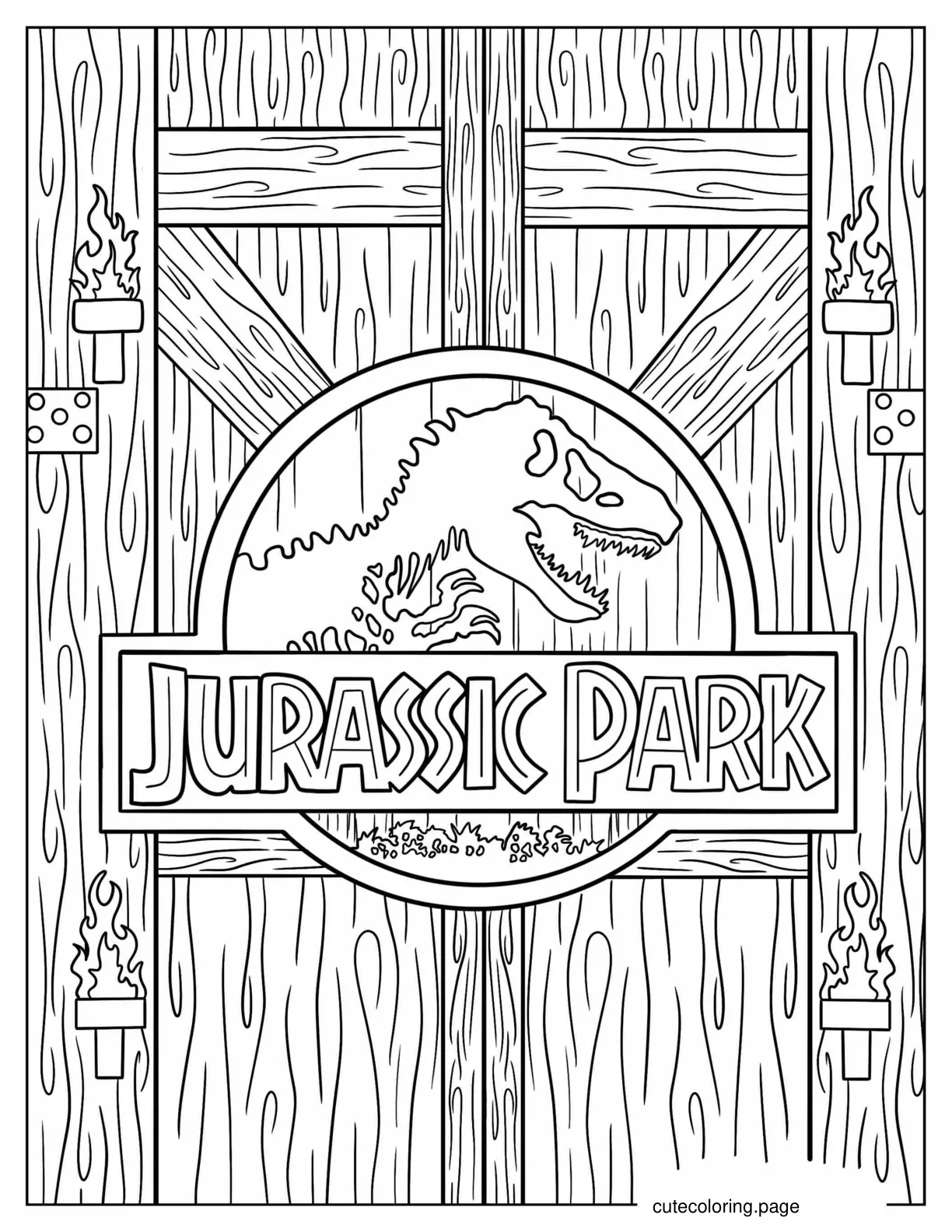 Detailed Jurassic Park Logo On Gate coloring page