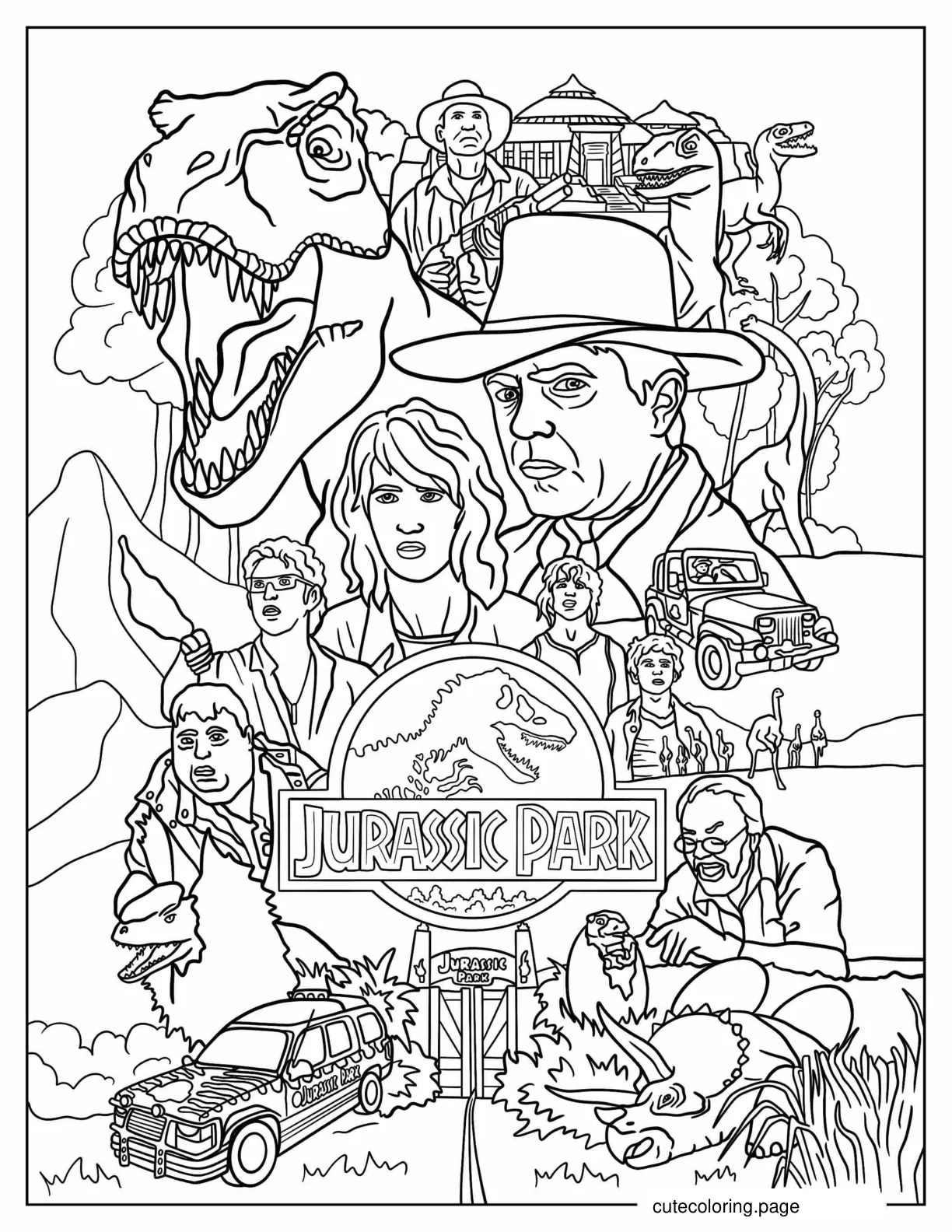 Jurassic Park Poster With Characters To Color coloring page