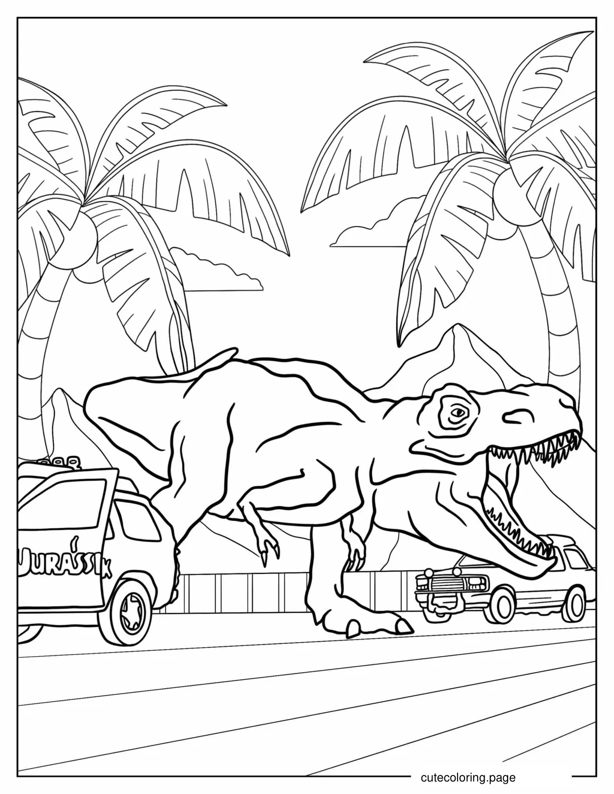 Jurassic Park T Rex Escaping Enclosure To Color coloring page