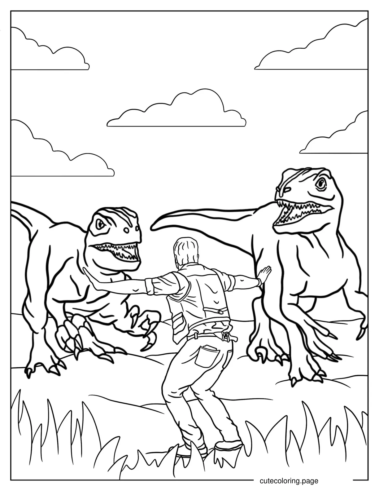 Jurassic World Dinosaur Handler With Velociraptors To Color coloring page