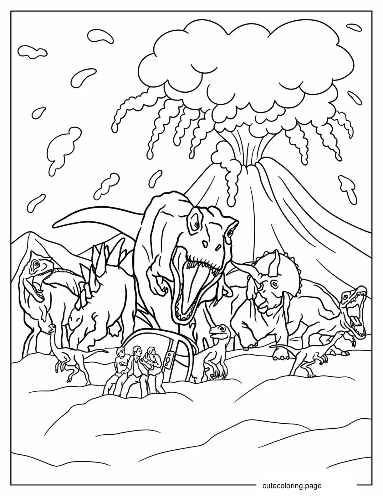 Jurassic World With Exploding Volcano And Dinosaurs coloring page