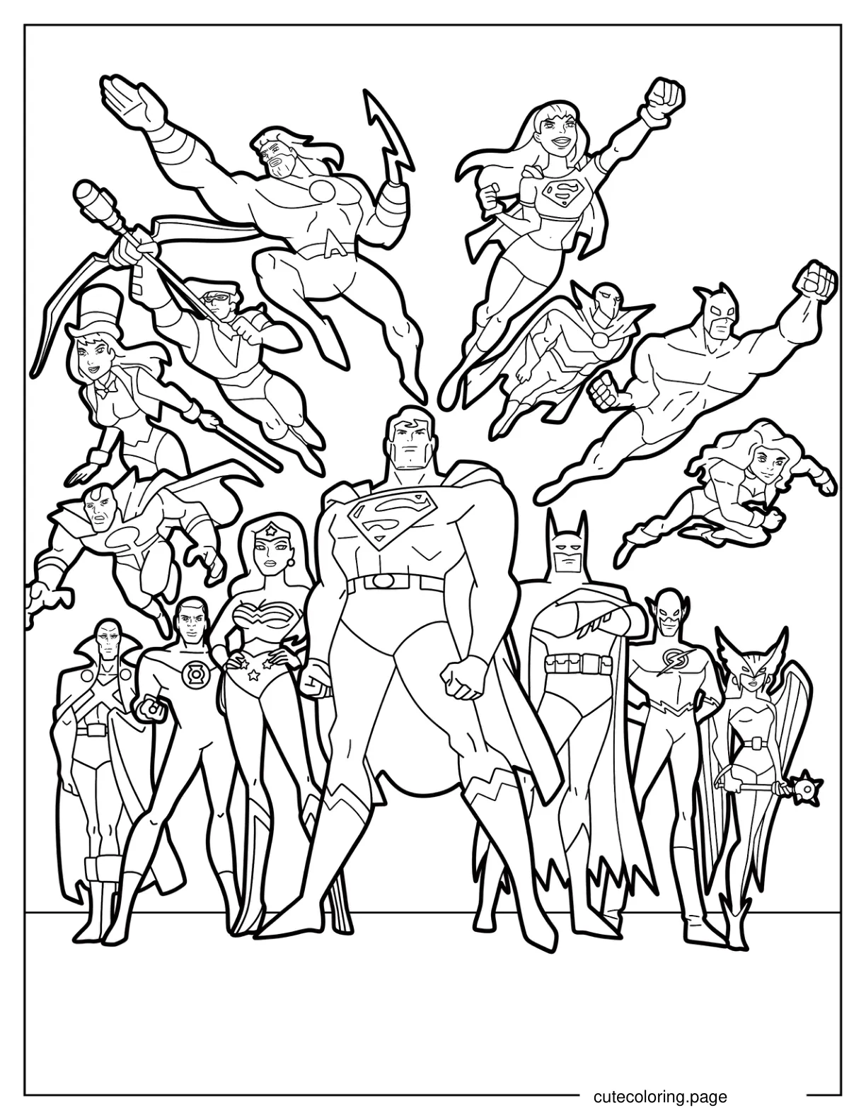 Cartooon Justice League With Major And Minor Characters Coloring Sheet coloring page