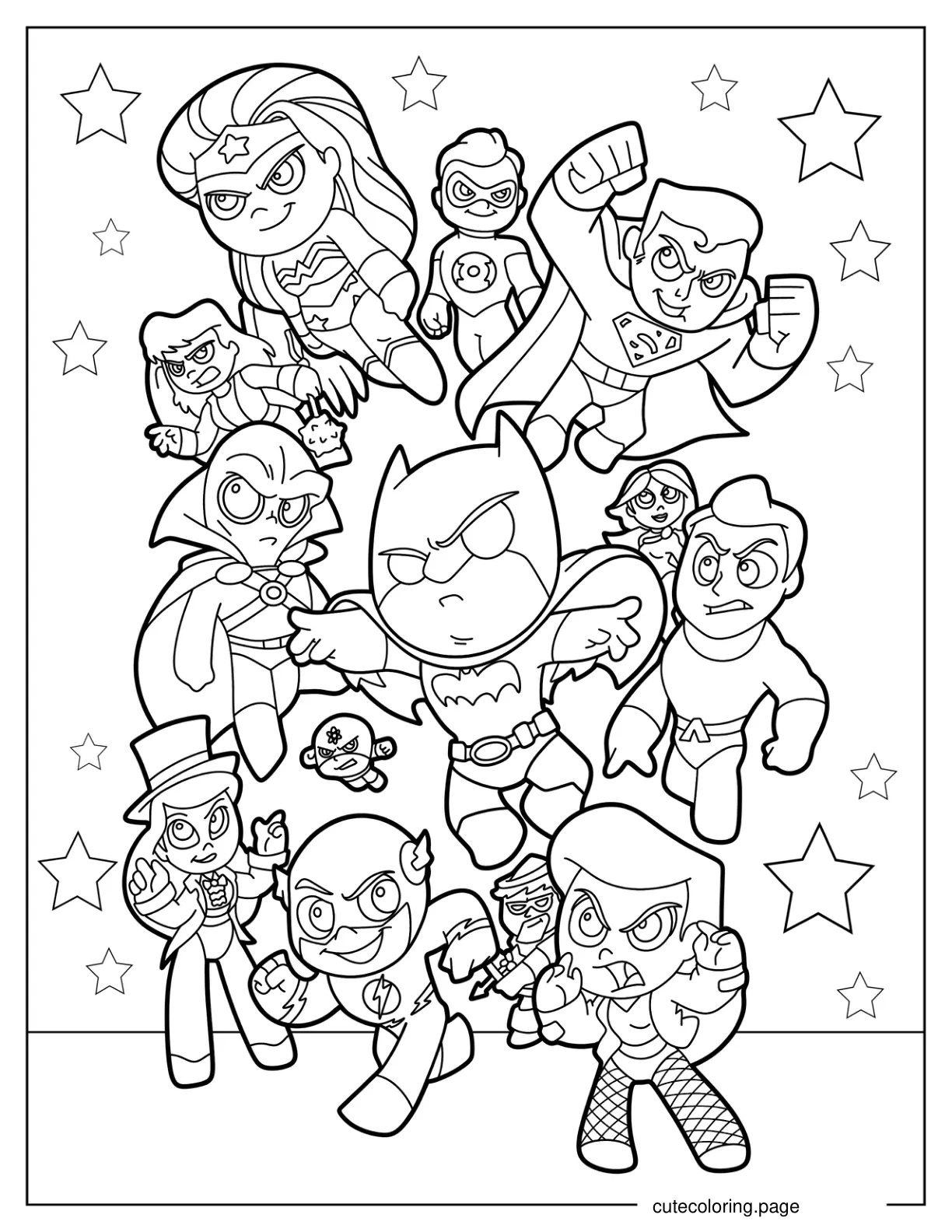 Chibi Justice League Heroes Coloring Sheet For Kids coloring page