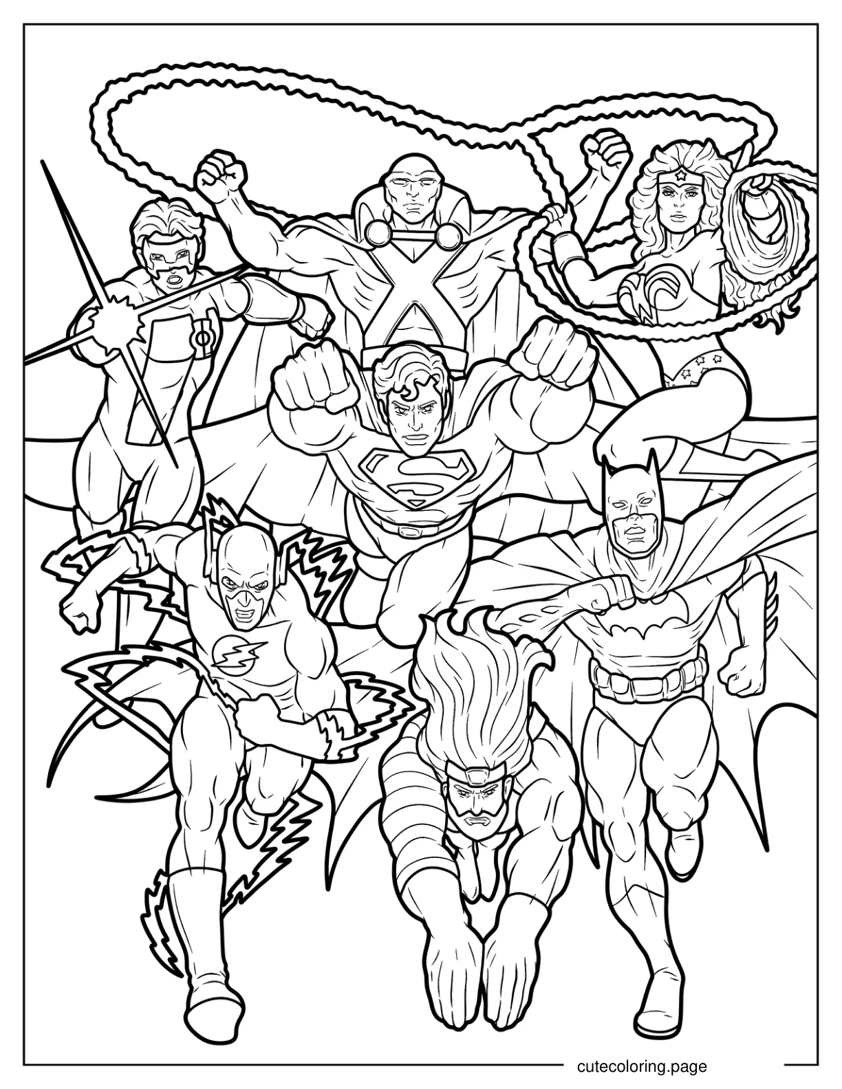 Martian Manhunter Superman Green Lantern Wonder Woman Batman Aquaman And The Flash coloring page