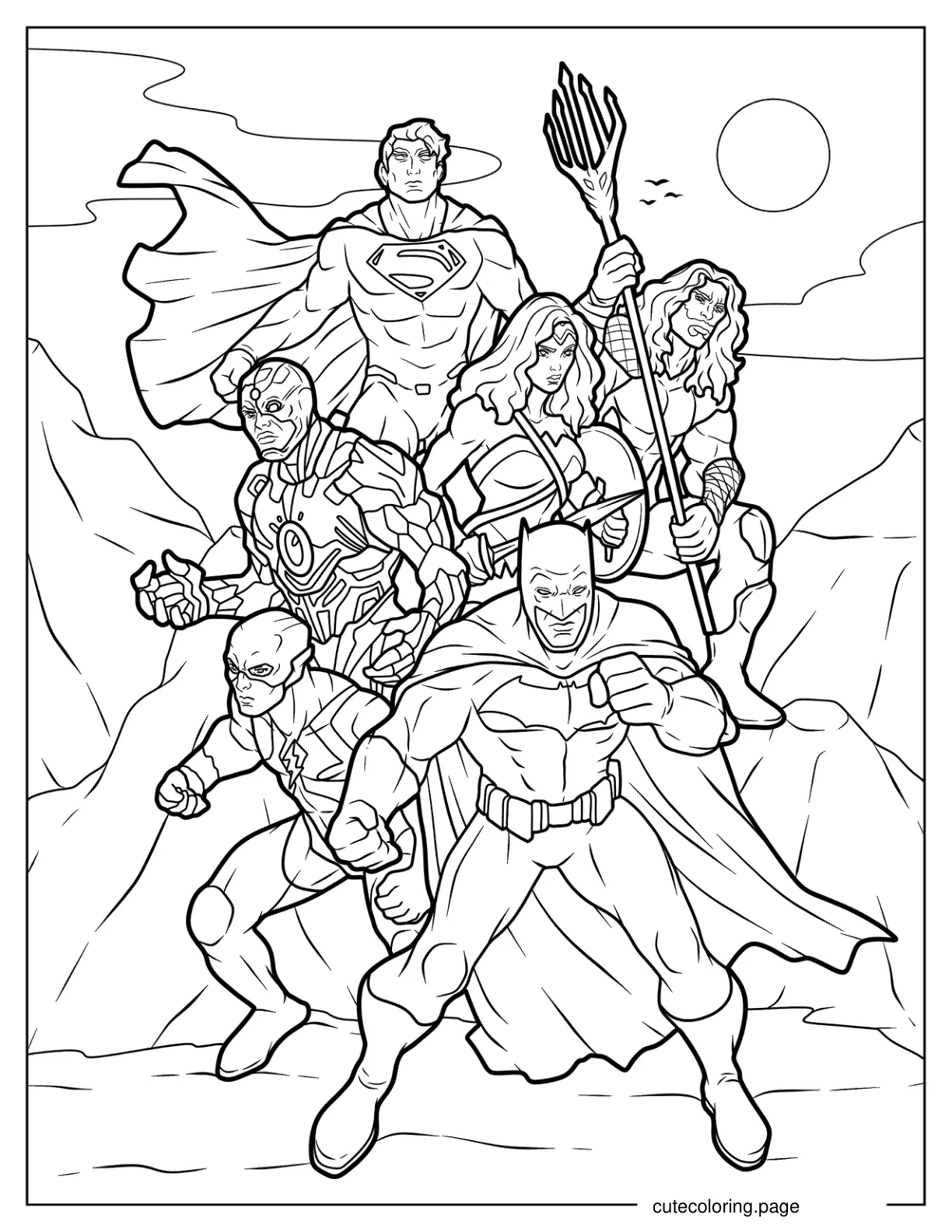 Realistic Superman Cyborg Wonder Woman Aquaman Flash And Batman coloring page