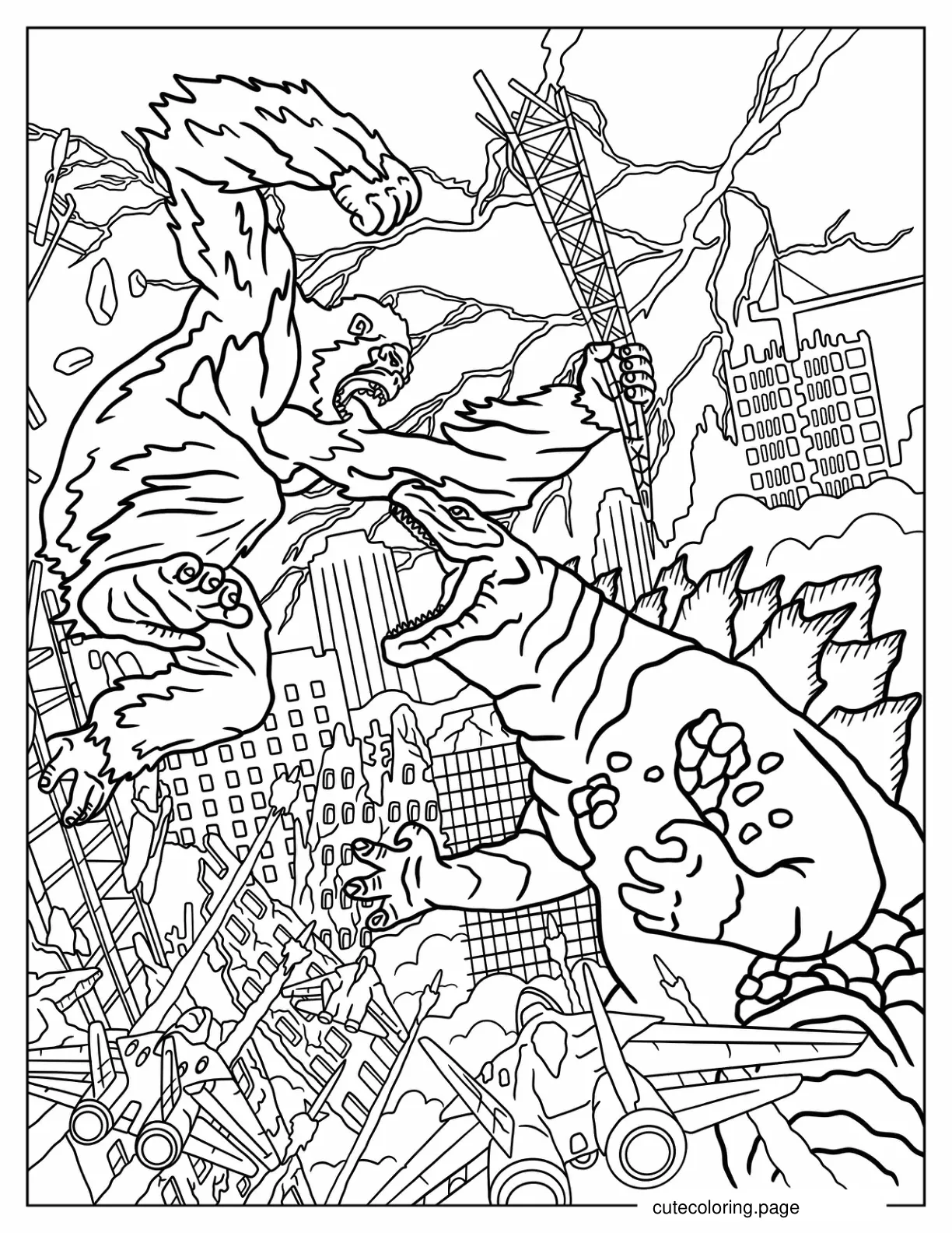 Detailed King Kong Fighting Godzilla In City Coloring Page coloring page