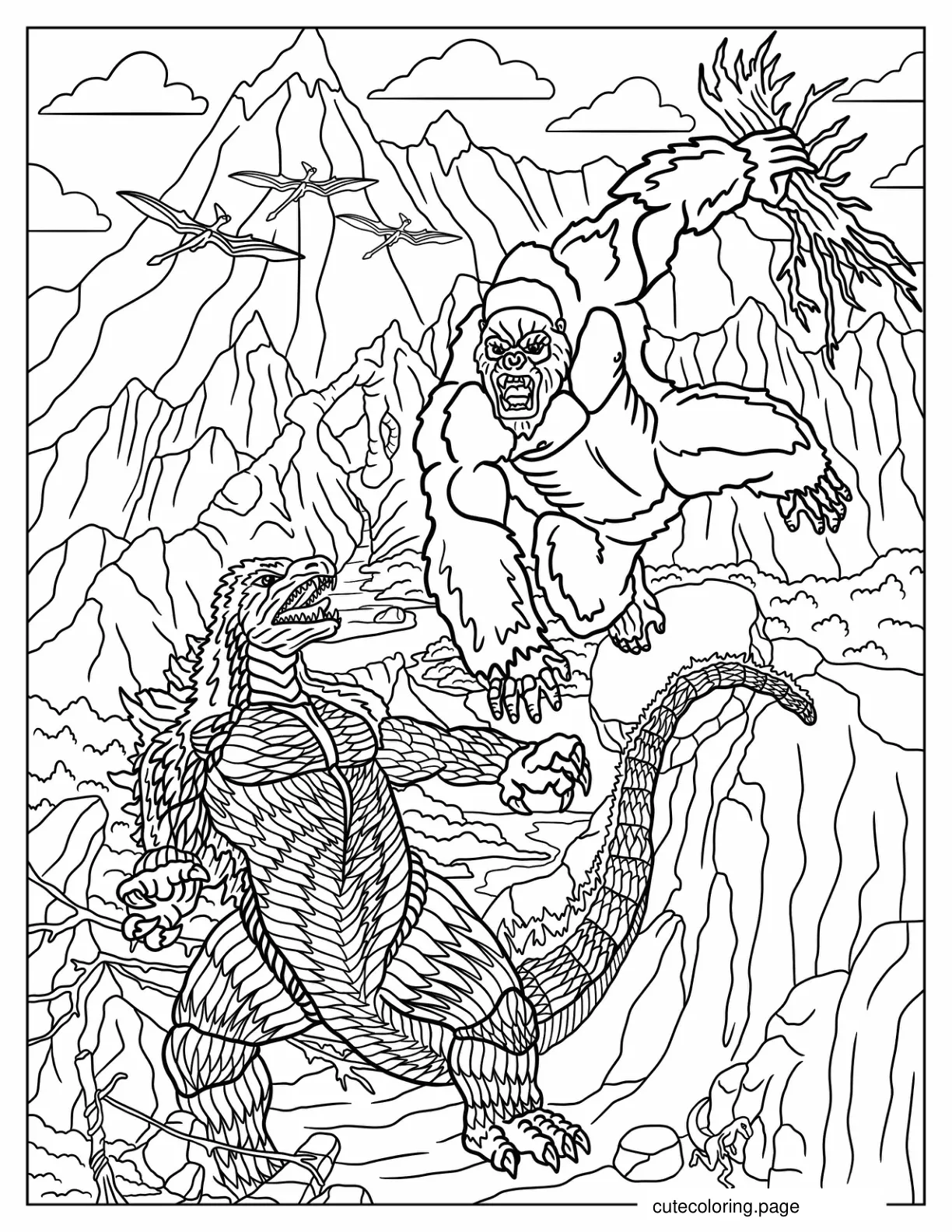 Godzilla Fighting King Kong Coloring Page coloring page