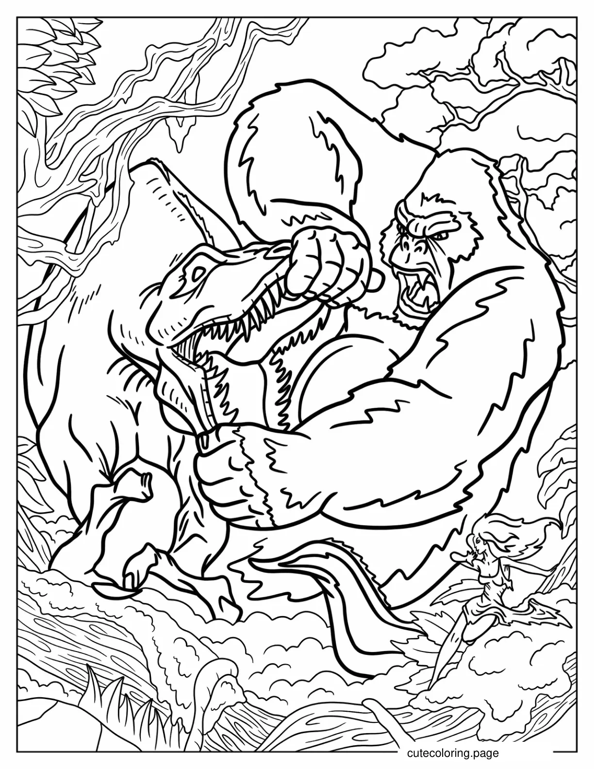 King Kong Fighting Dinosaur In Jungle Coloring Page coloring page