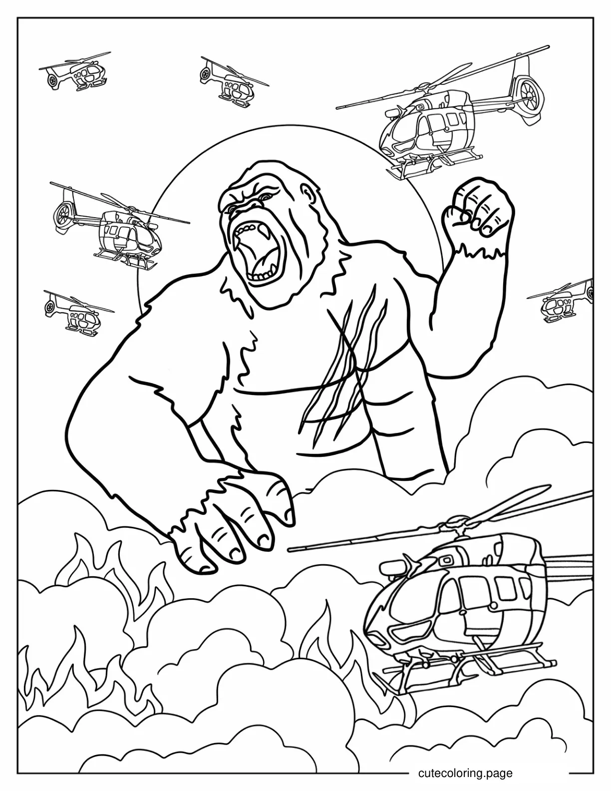 King Kong Fighting Helicopters Coloring Page coloring page