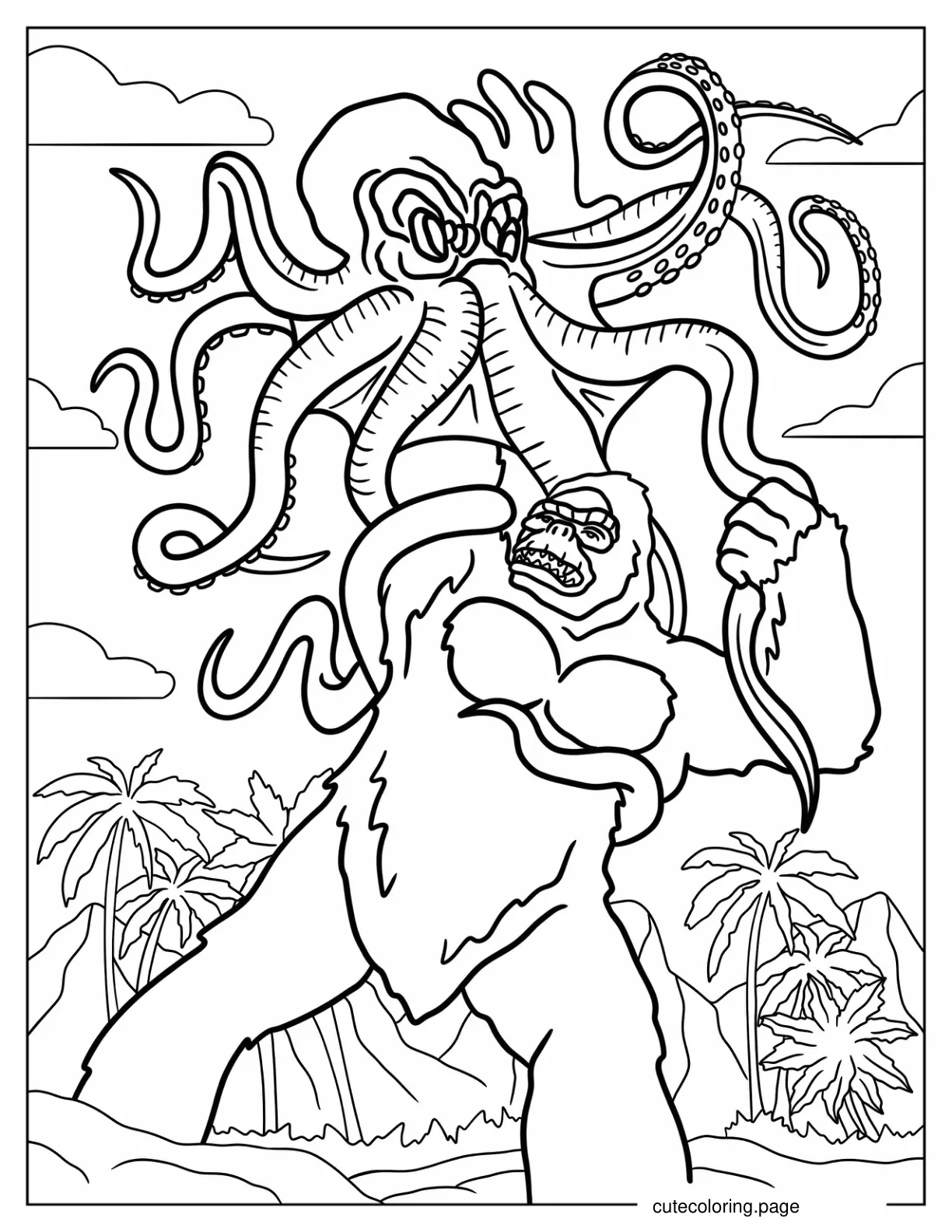 King Kong Fighting Monster Octopus coloring page