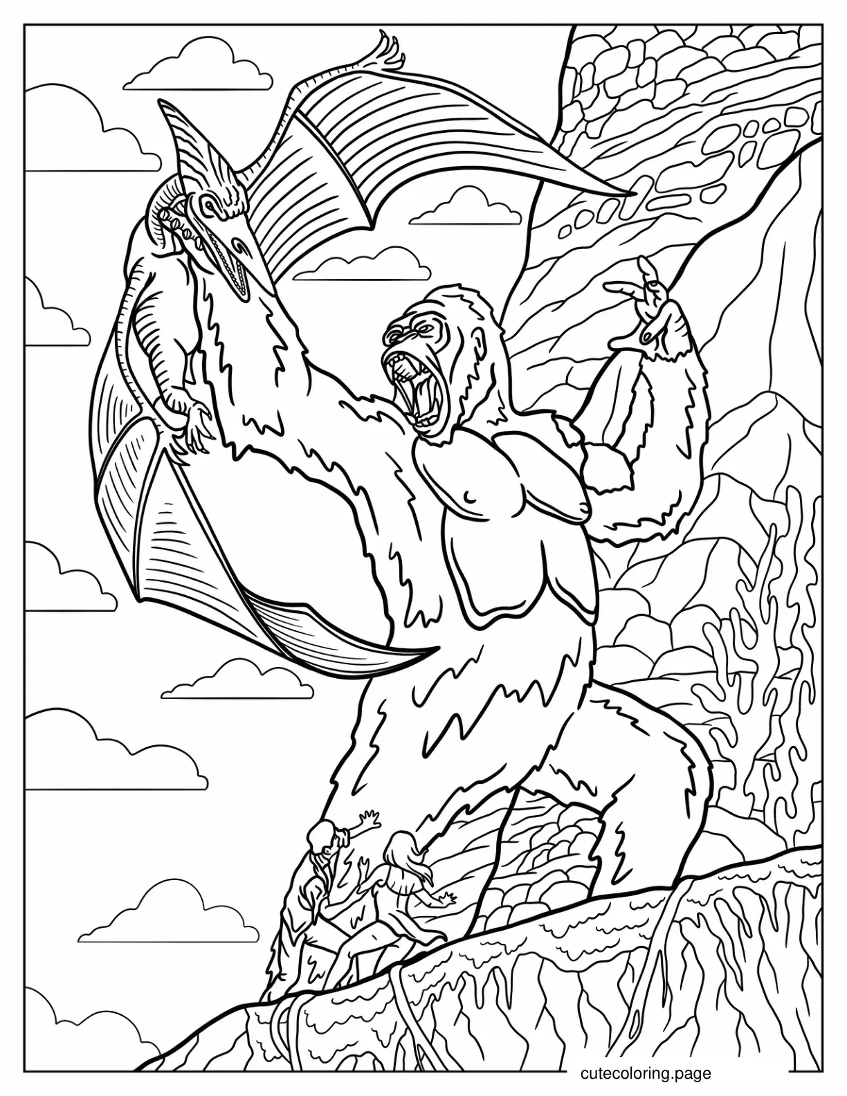 King Kong Fighting Pterosaurs Coloring Sheet coloring page