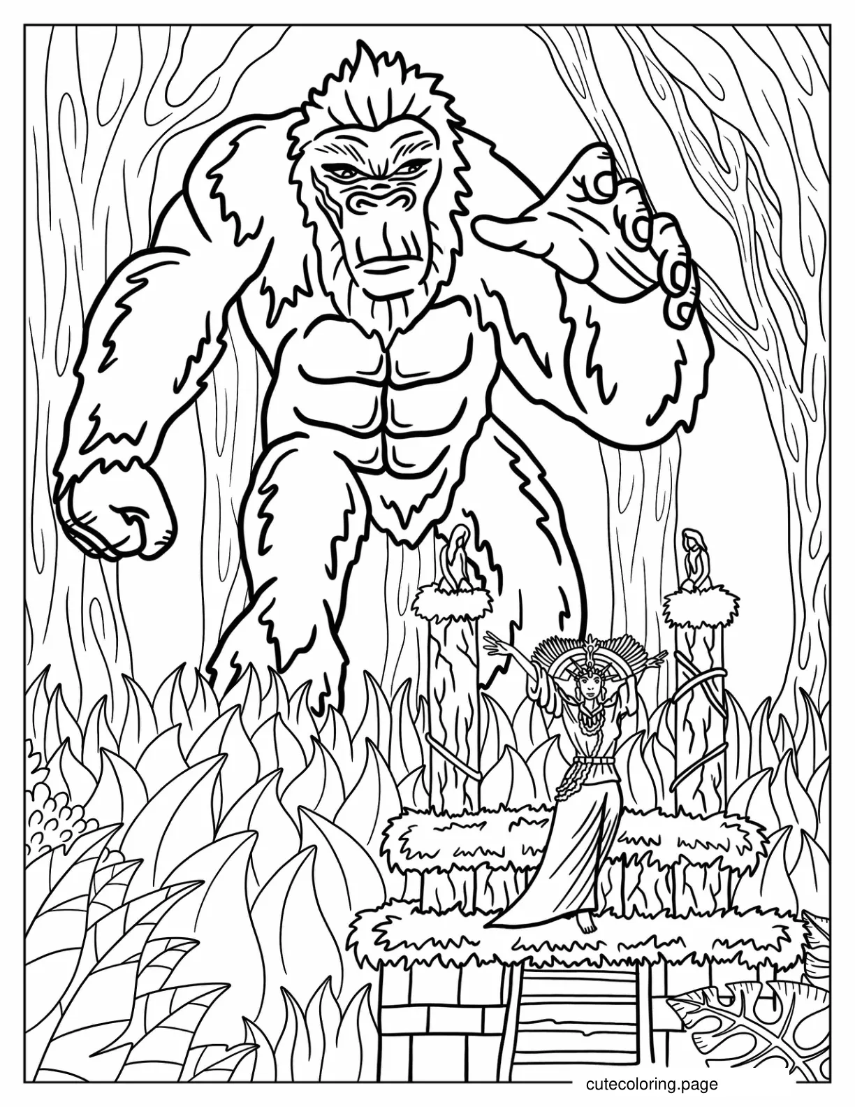 King Kong Of Skull Island With Woman In Temple Coloring Page coloring page