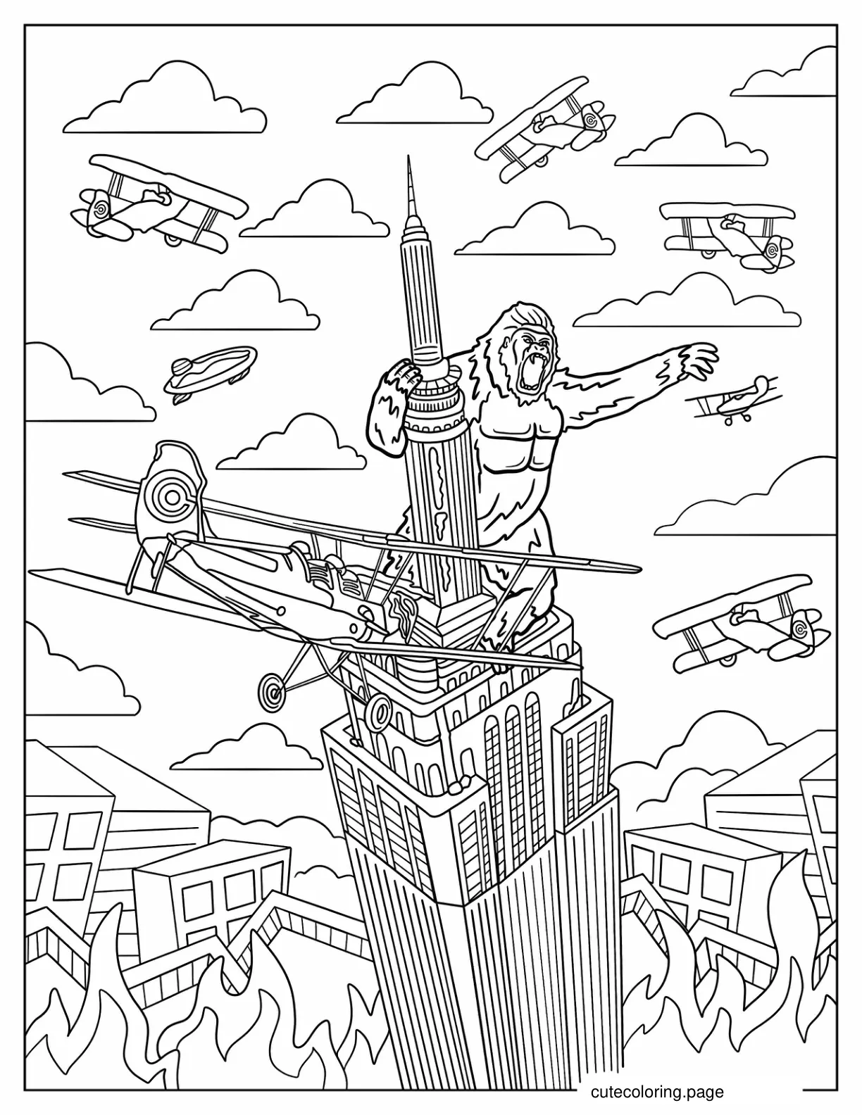 King Kong On Empire State Building Fighting Airplanes coloring page