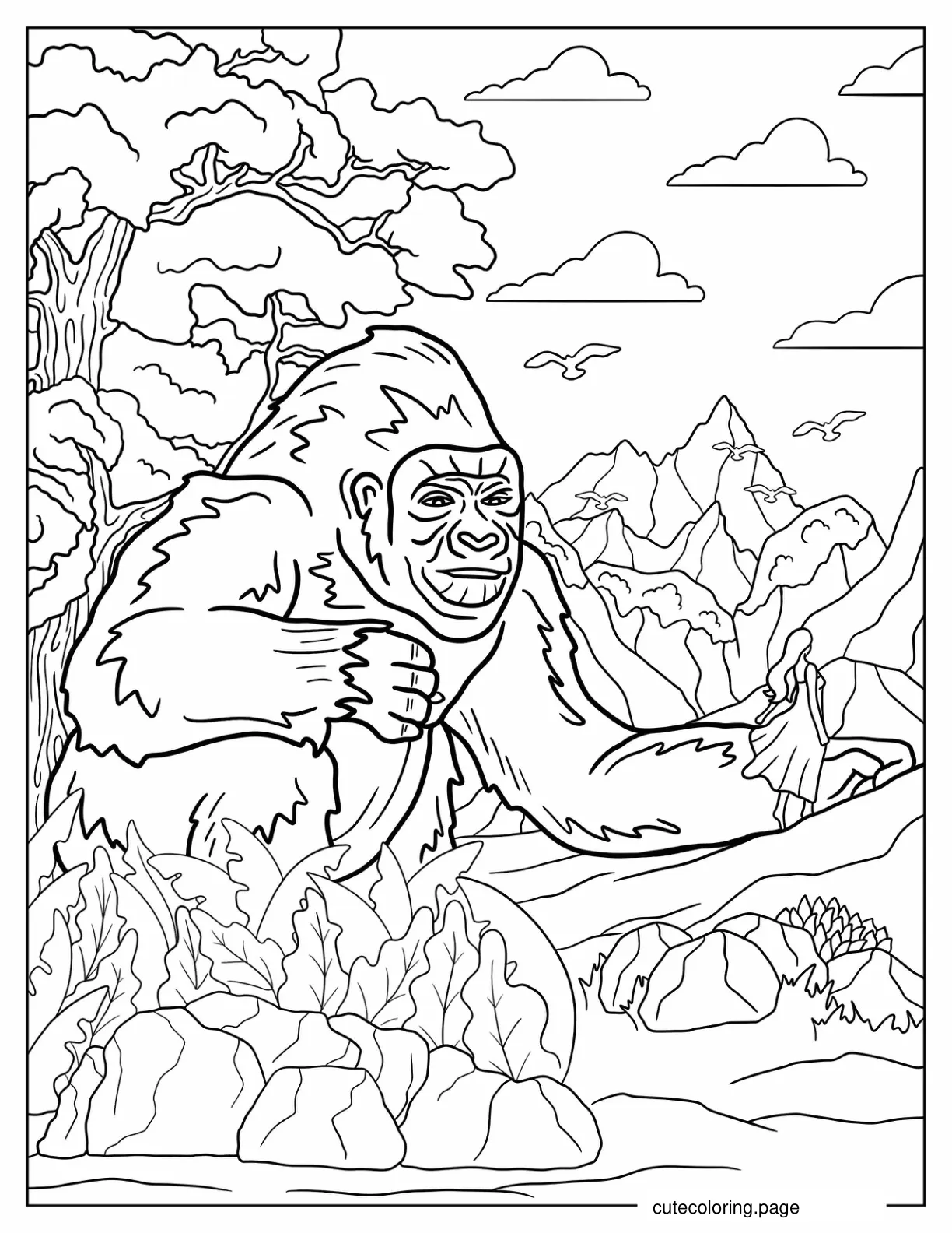 King Kong Watching Over Woman In The Jungle Coloring Sheet coloring page