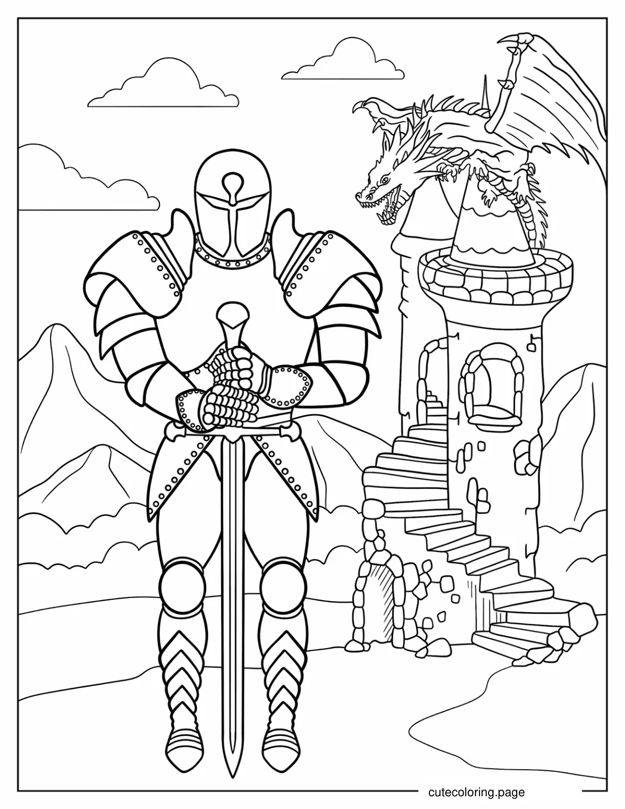 Coloring Page Of Knight With Dragon On Tower coloring page