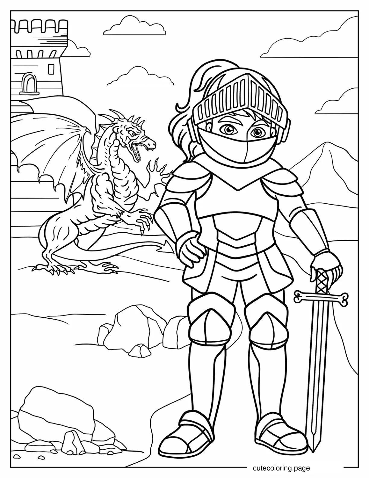 Coloring Sheet Of Girl Knight To Fight Dragon coloring page