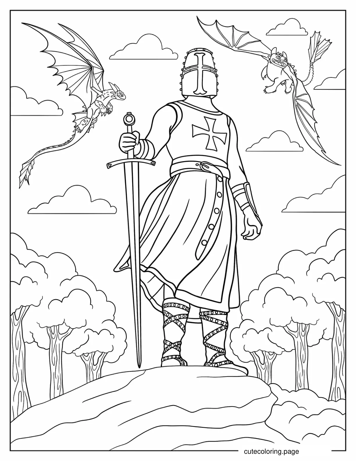 Crusader Knight With Dragons In Background coloring page