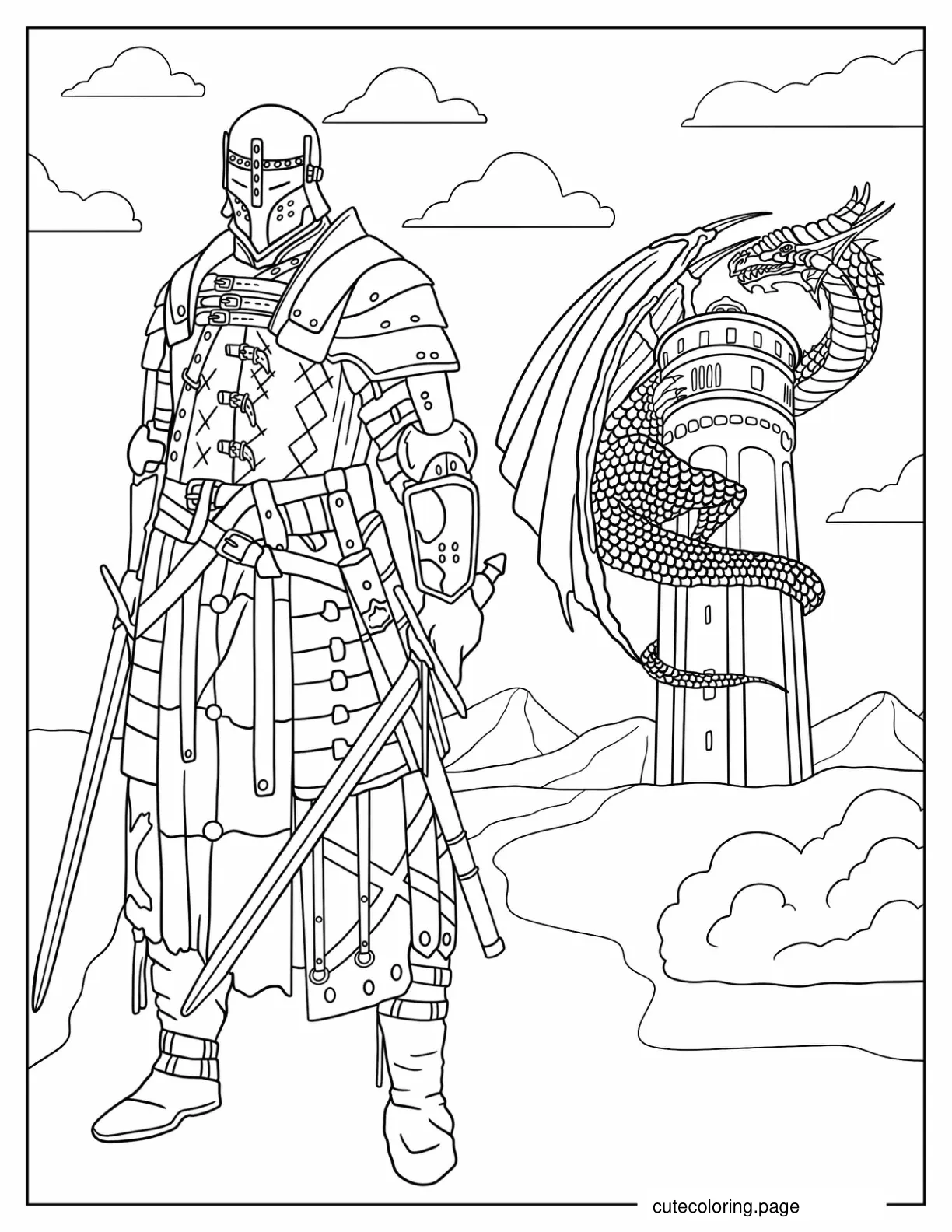 Realistic Knight In Front Of Castle Tower With Dragon coloring page